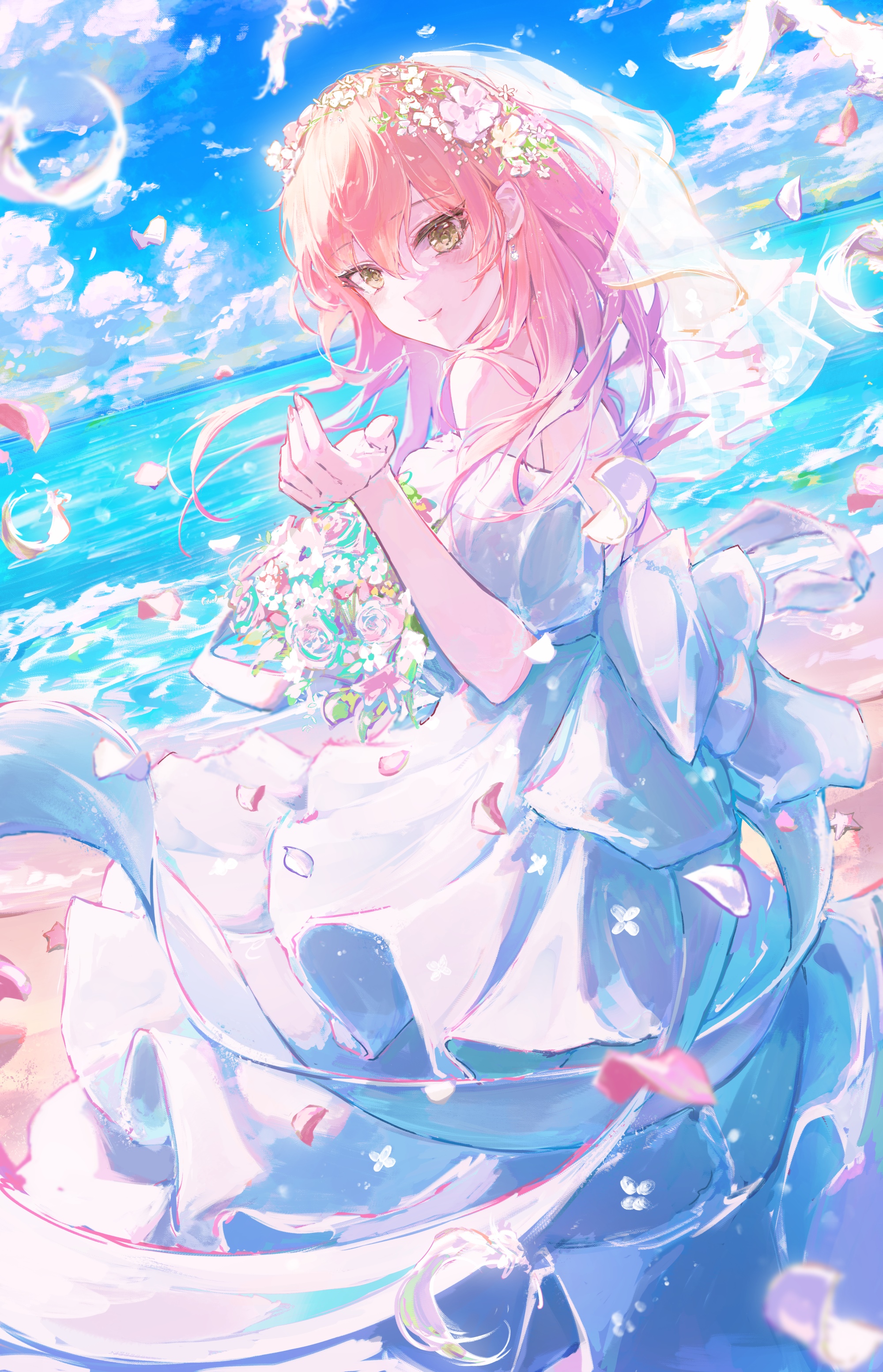 Jougasaki Mika in Wedding Dress on Beach HD Phone Wallpaper