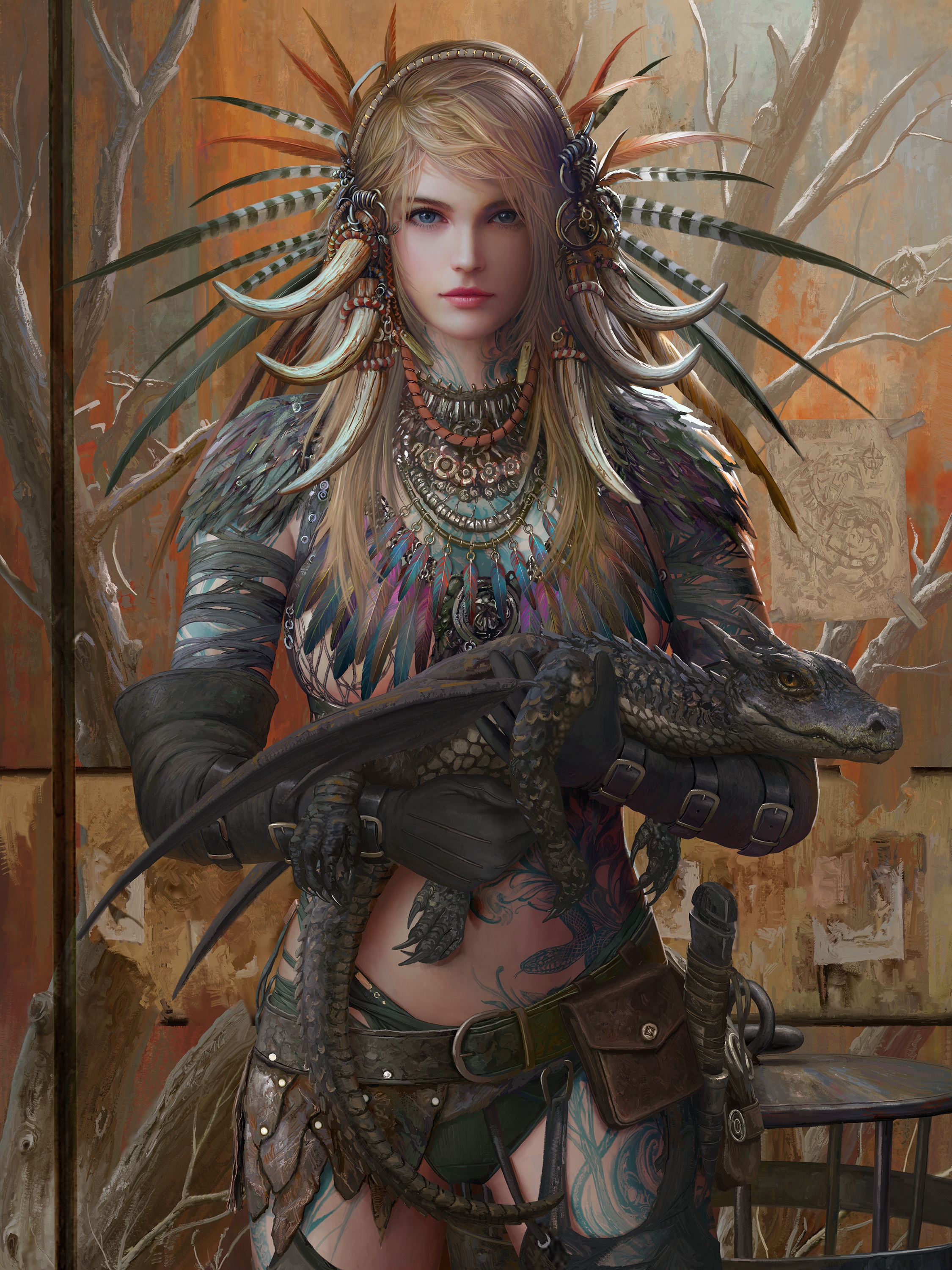 Woman with feathers and a dragon HD Phone Wallpaper