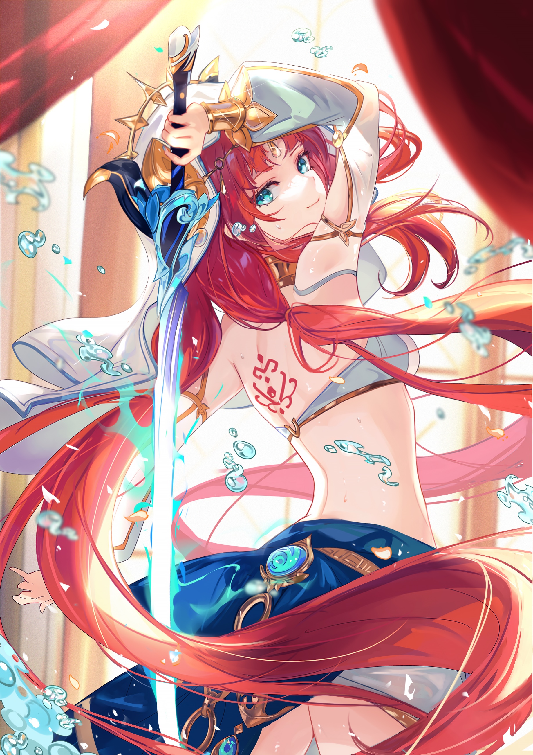 Nilou from Genshin Impact with a sword and water HD Phone Wallpaper