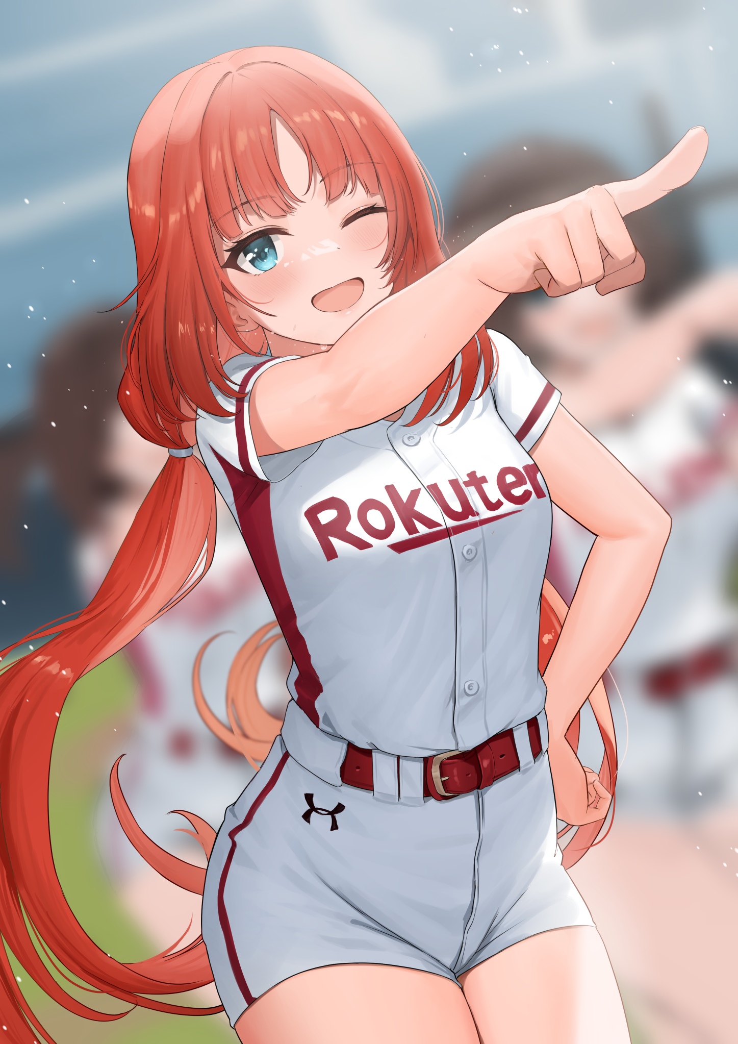 Anime girl in Rakuten baseball uniform pointing HD Phone Wallpaper