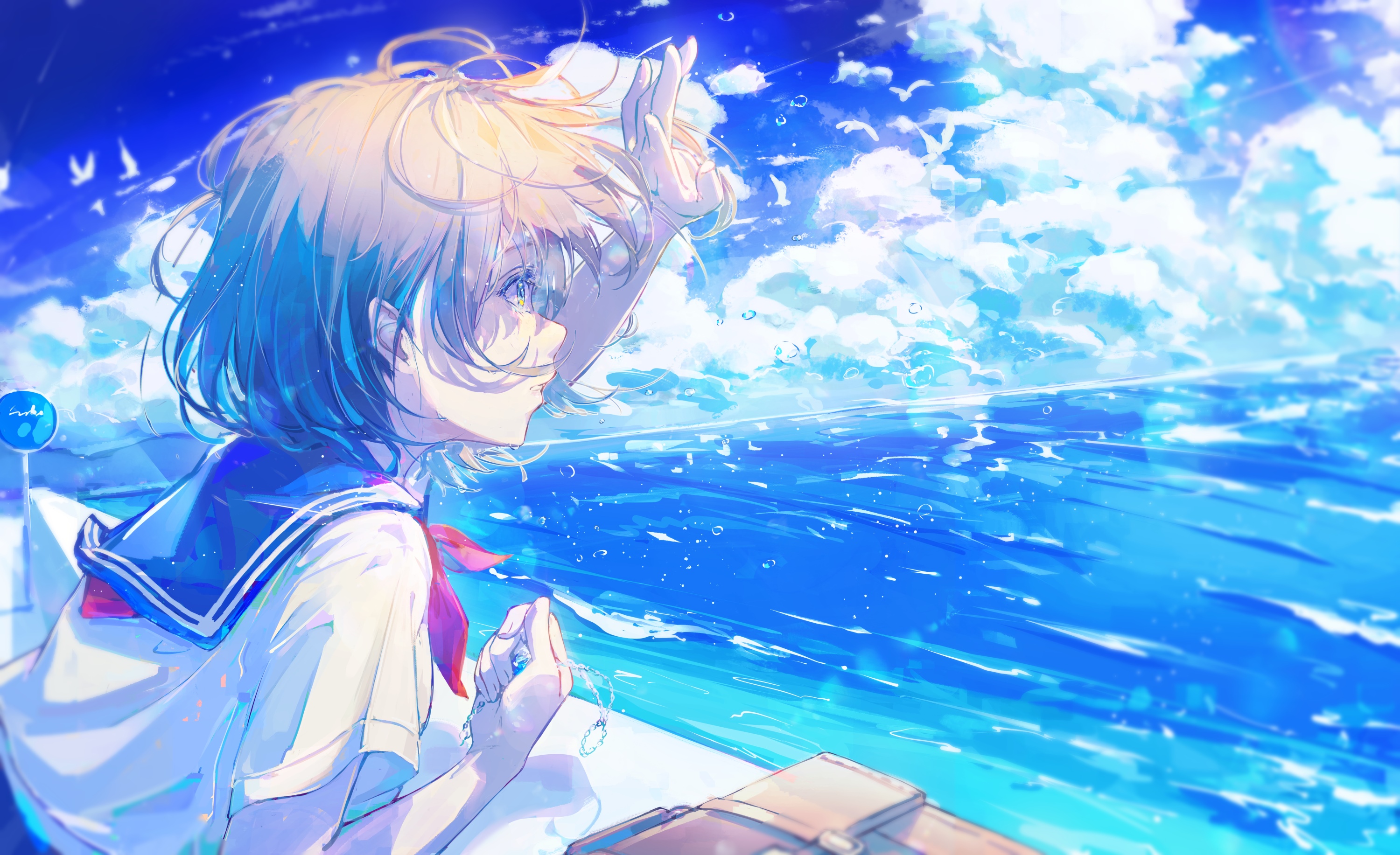 Schoolgirl in Sailor Uniform by the Sea Under Clouds HD Wallpaper