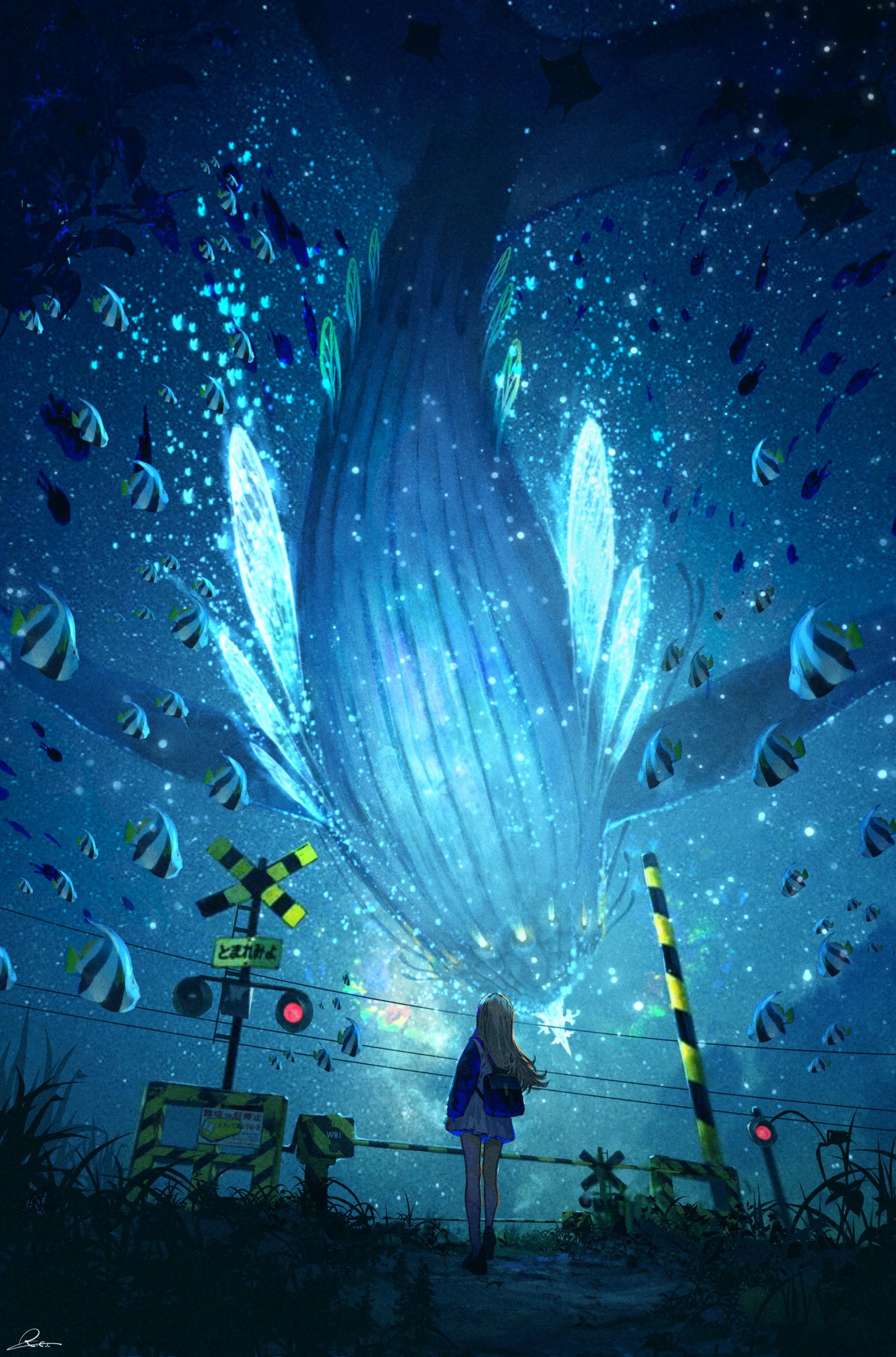 Girl watches a giant whale and fish in a starry sky HD Phone Wallpaper