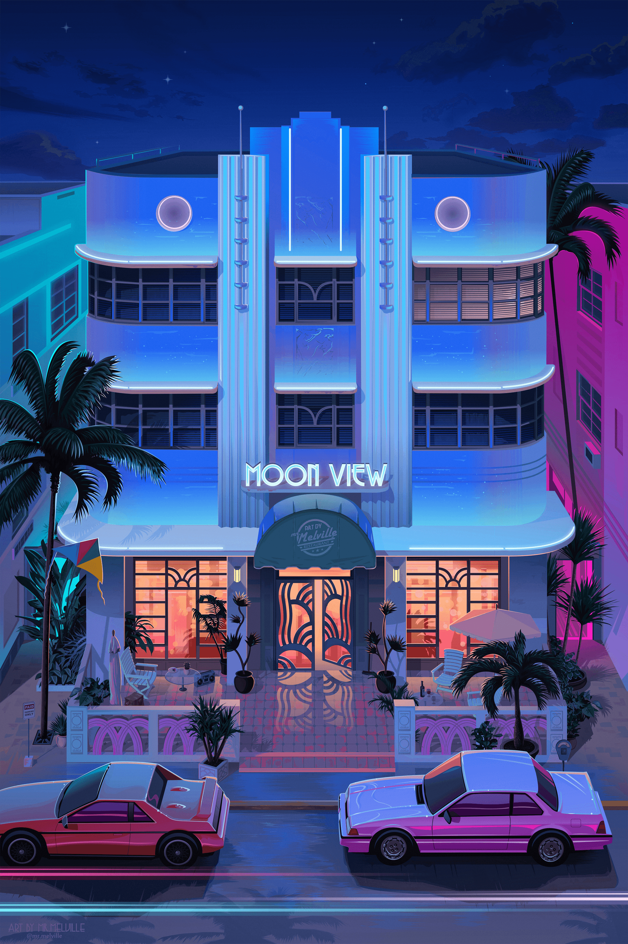 Moon View Hotel at night with cars and palm trees HD Phone Wallpaper