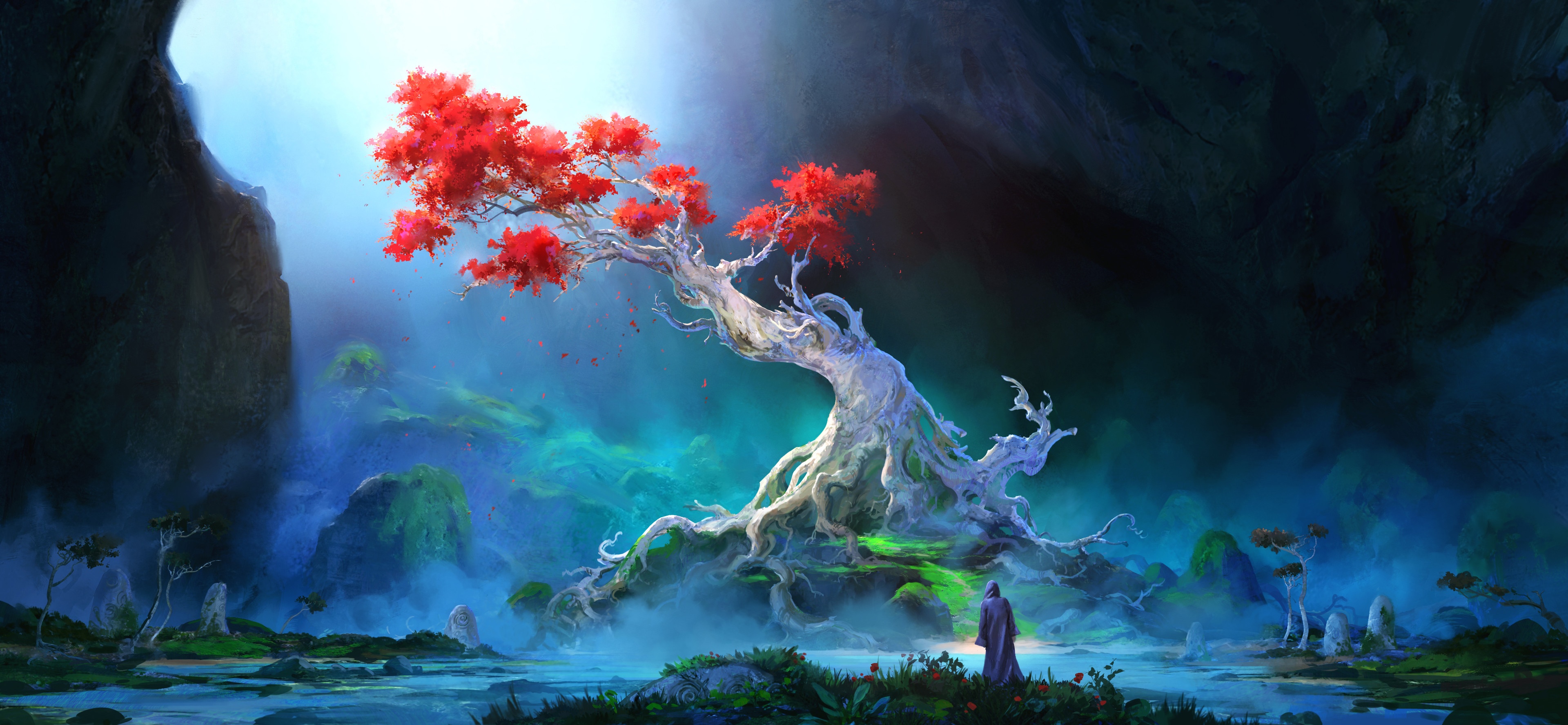 Fantasy art of a glowing tree with red leaves HD Wallpaper
