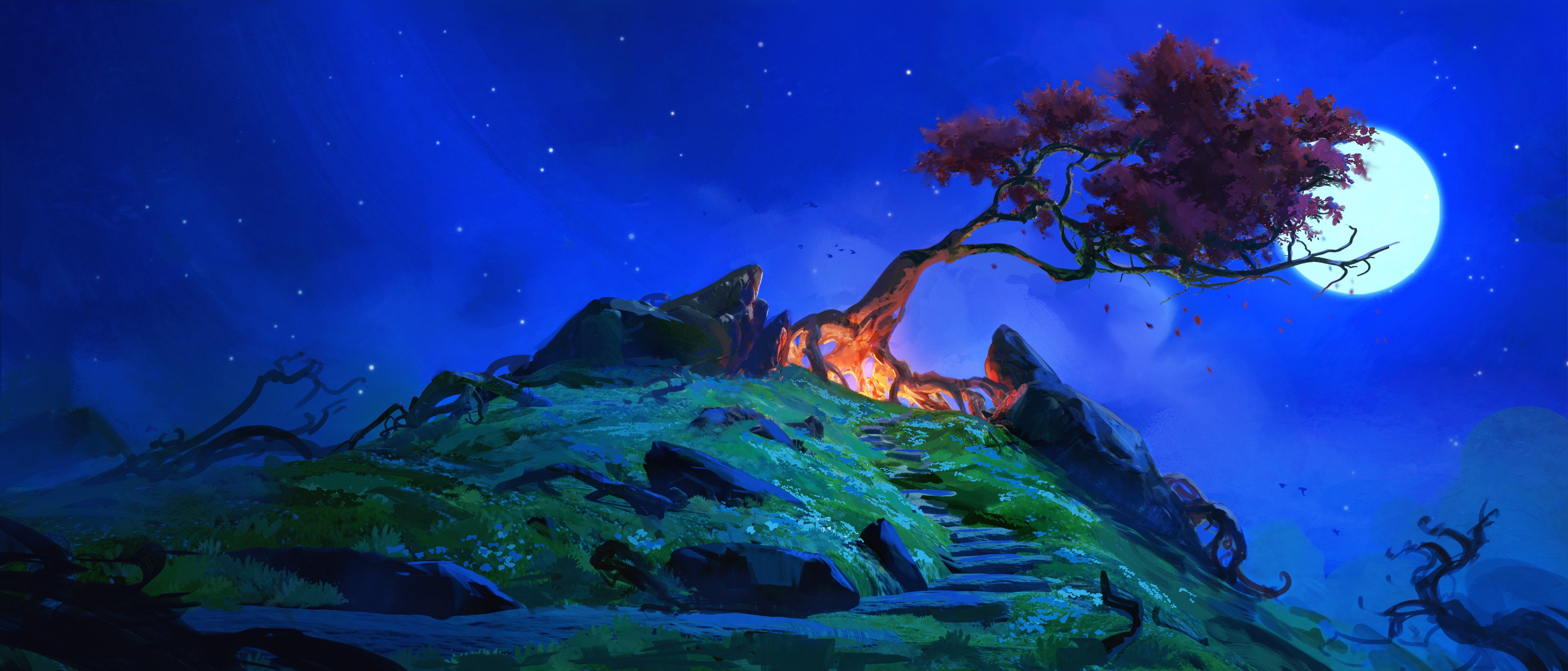 Gavin ODonnell digital art of a moonlit landscape with a tree HD Wallpaper