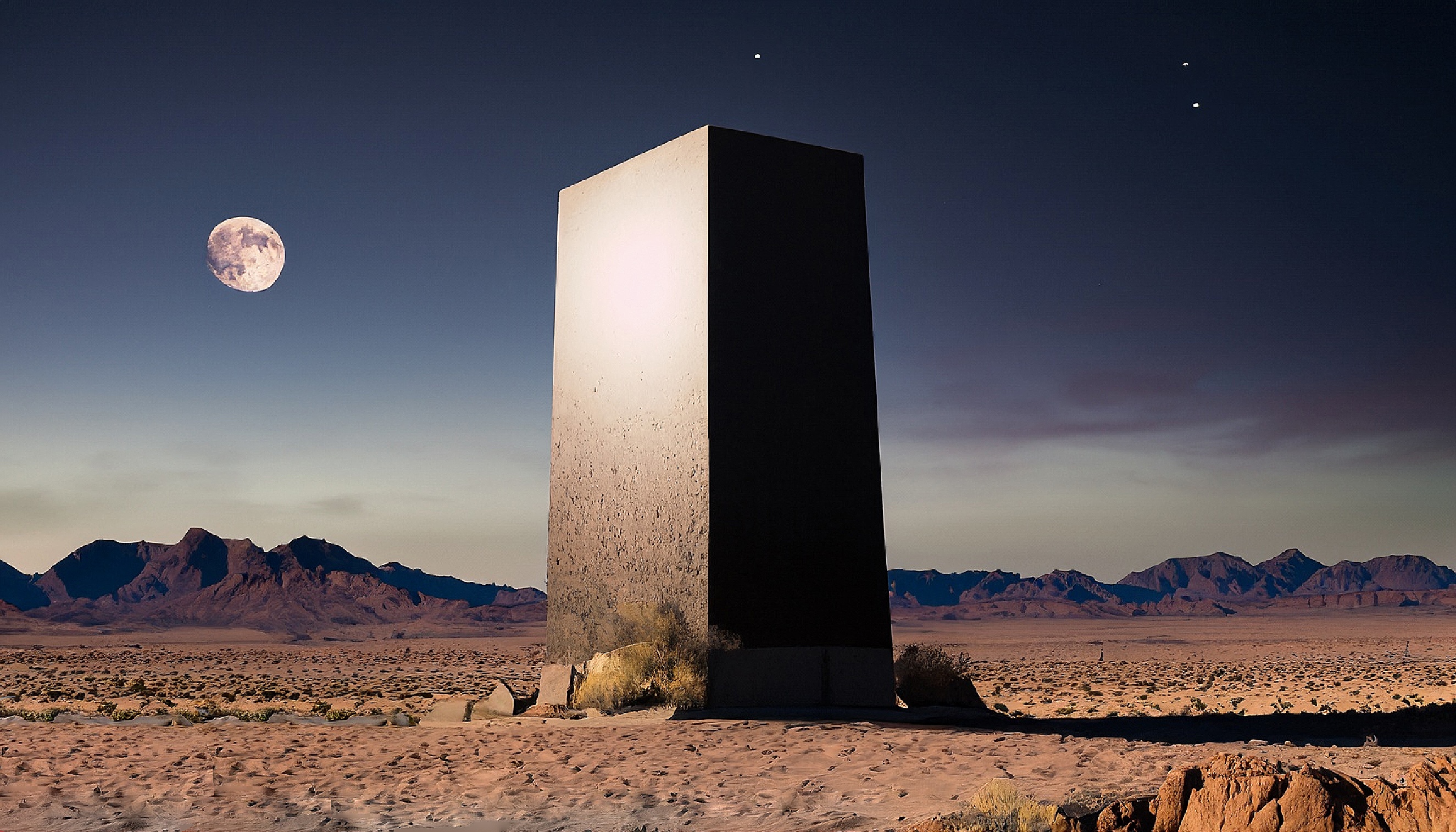 Monolith in a desert landscape with moon and stars HD Wallpaper