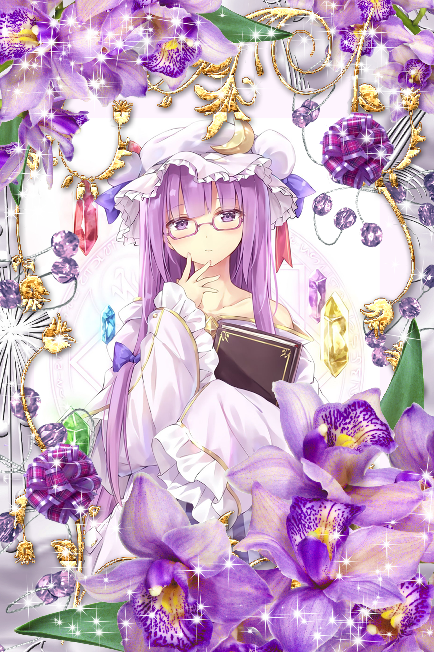 Patchouli Knowledge with purple flowers and crystals HD Phone Wallpaper