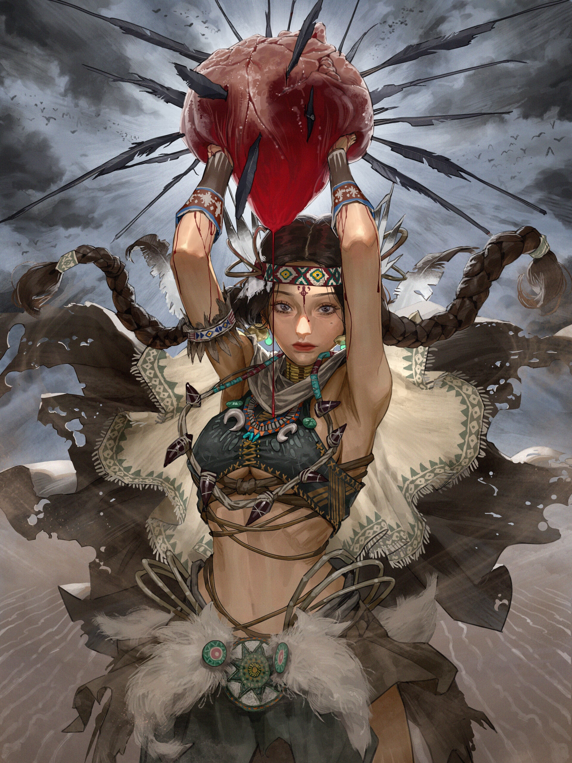 Woman holding a heart pierced by arrows HD Phone Wallpaper