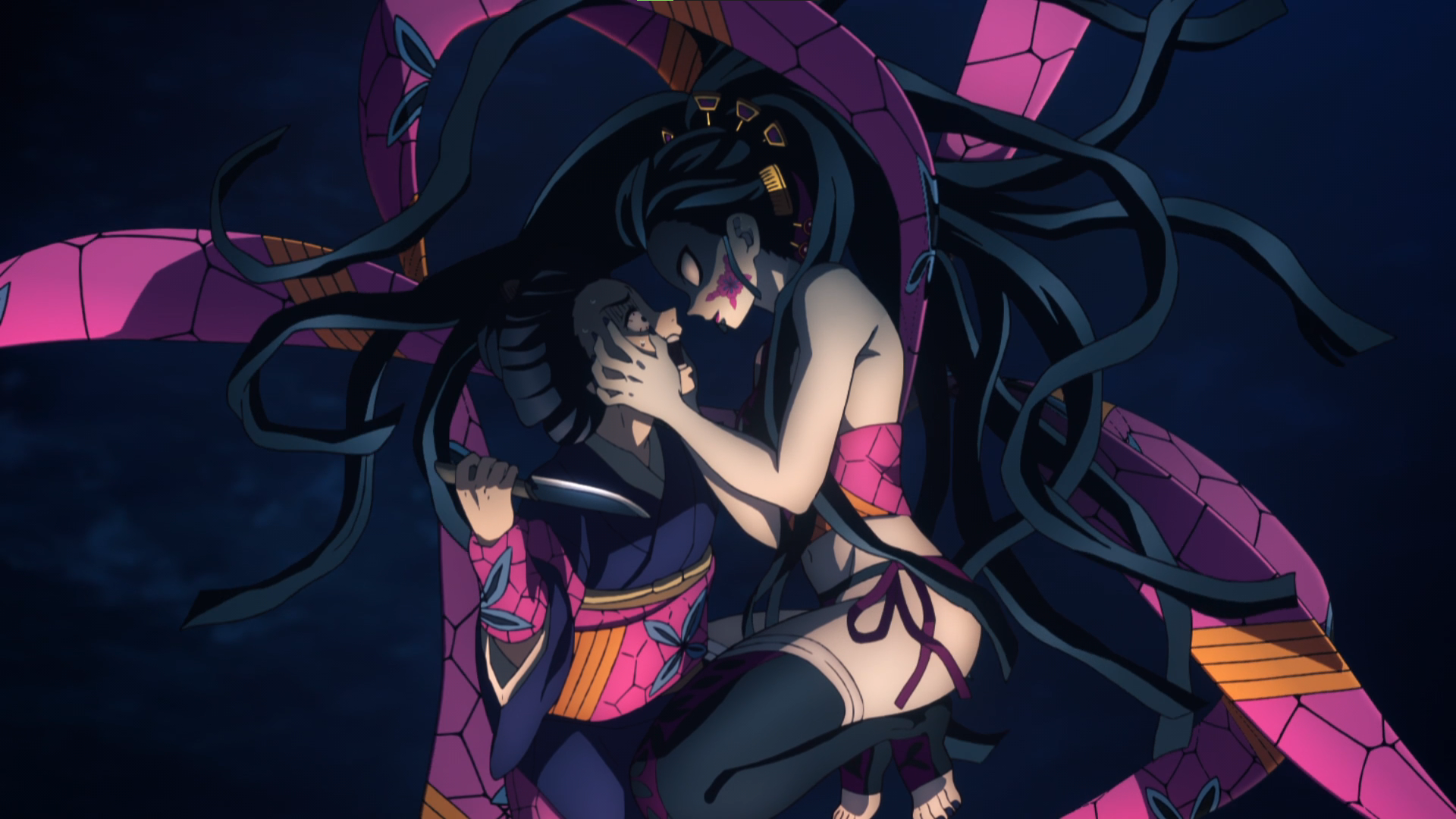 Daki holds a man with a knife in Kimetsu no Yaiba HD Wallpaper