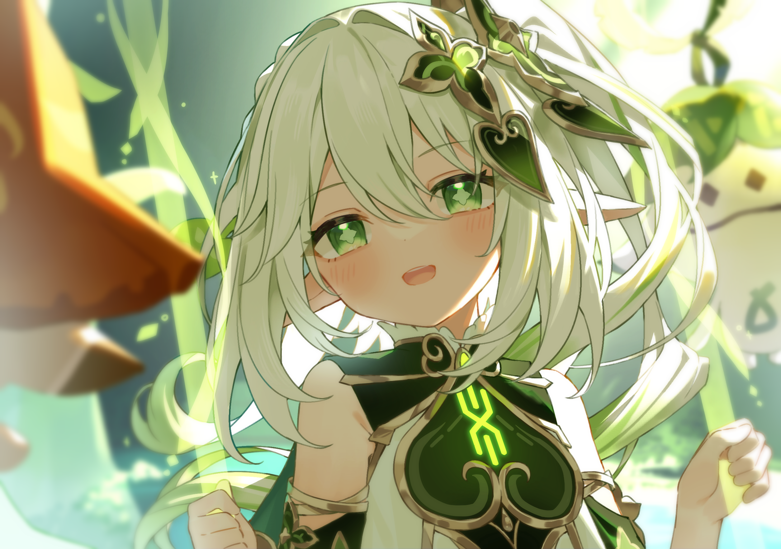 Nahida from Genshin Impact with green eyes and blushing HD Wallpaper