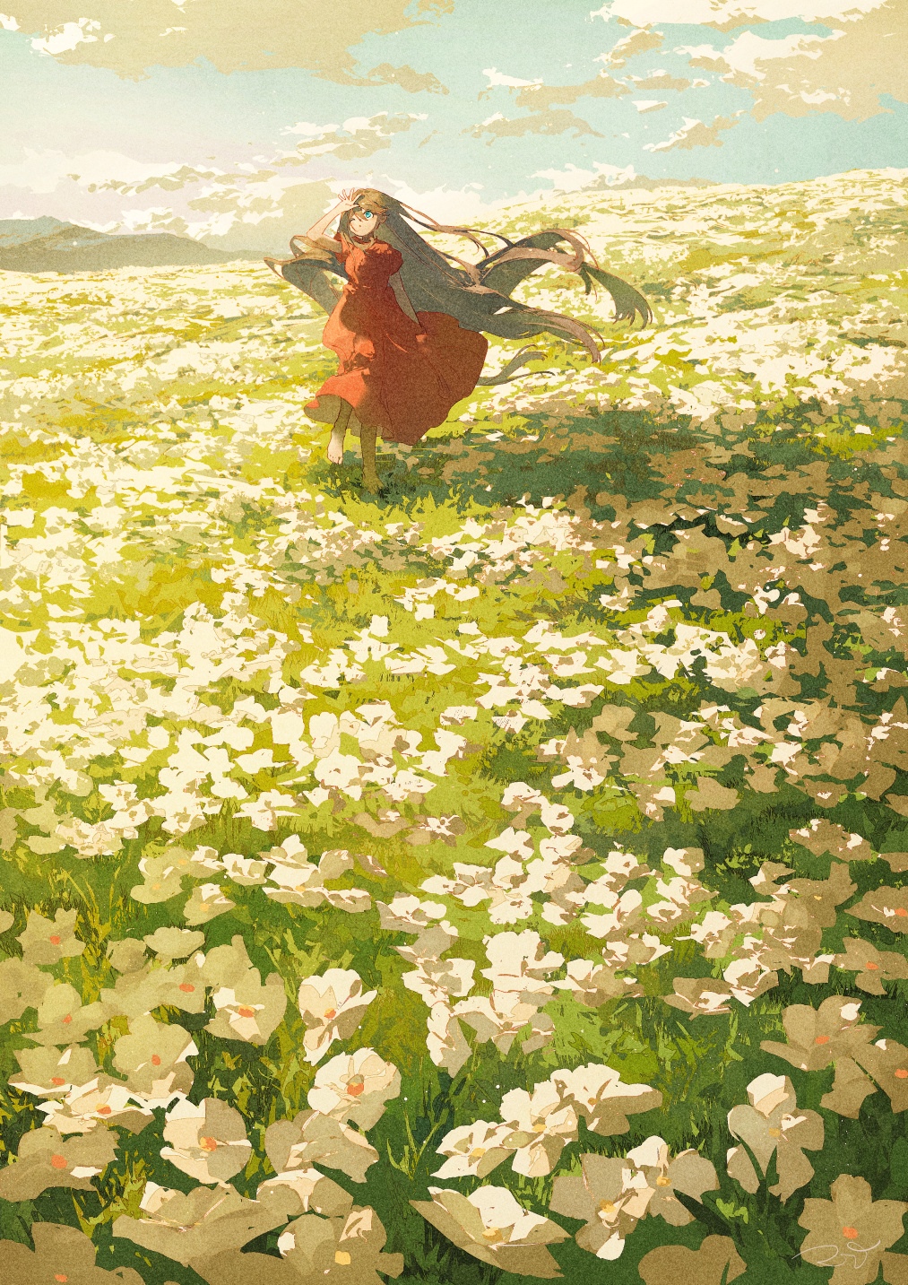 Girl in red dress in a field of white flowers HD Phone Wallpaper