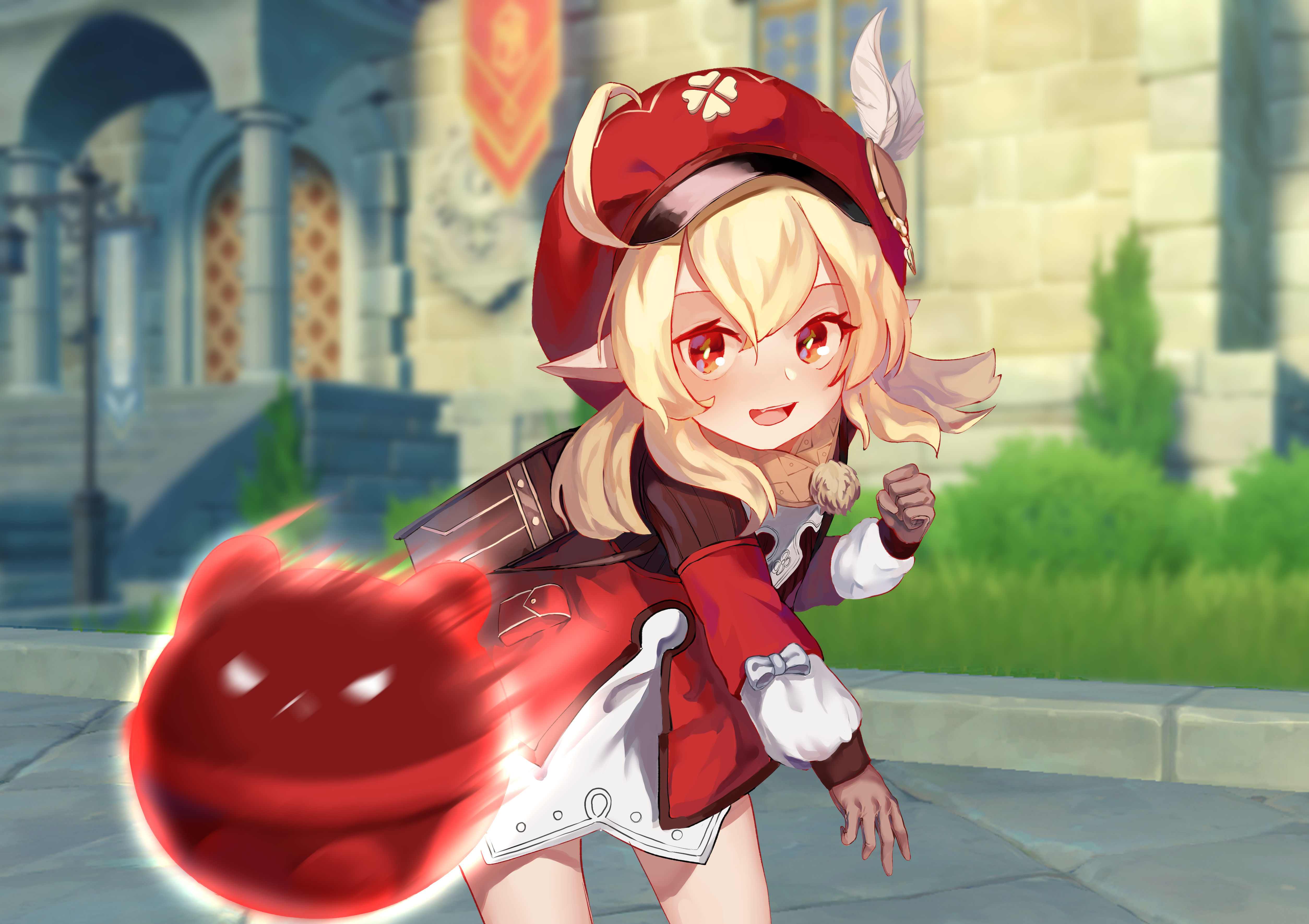 Klee from Genshin Impact with a red creature HD Wallpaper
