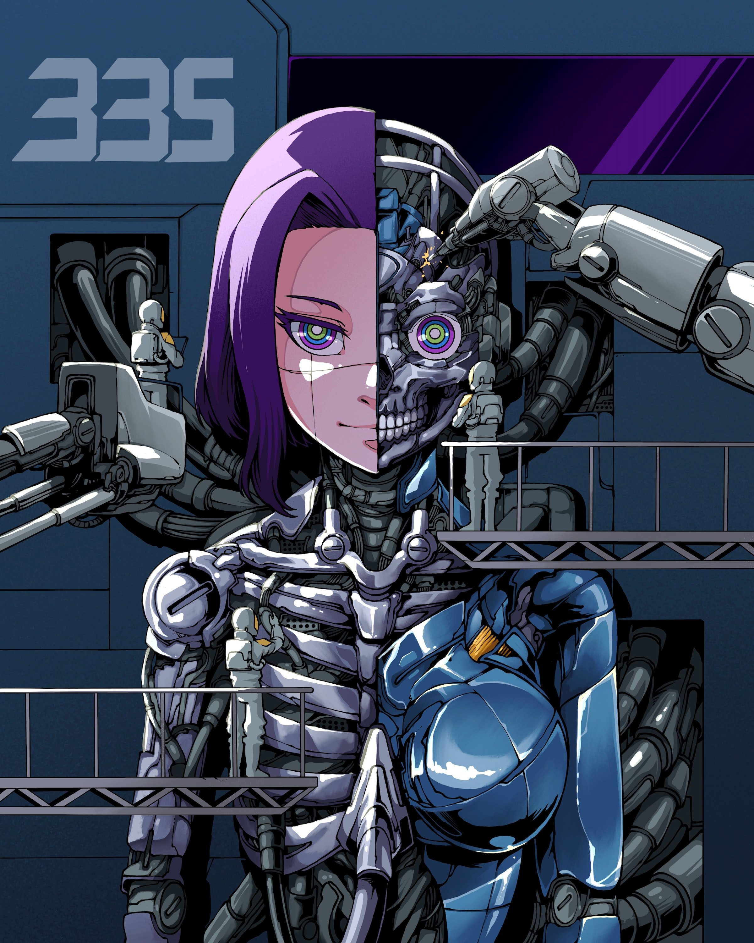 Anime girl with robotic skeleton and mechanical parts HD Phone Wallpaper