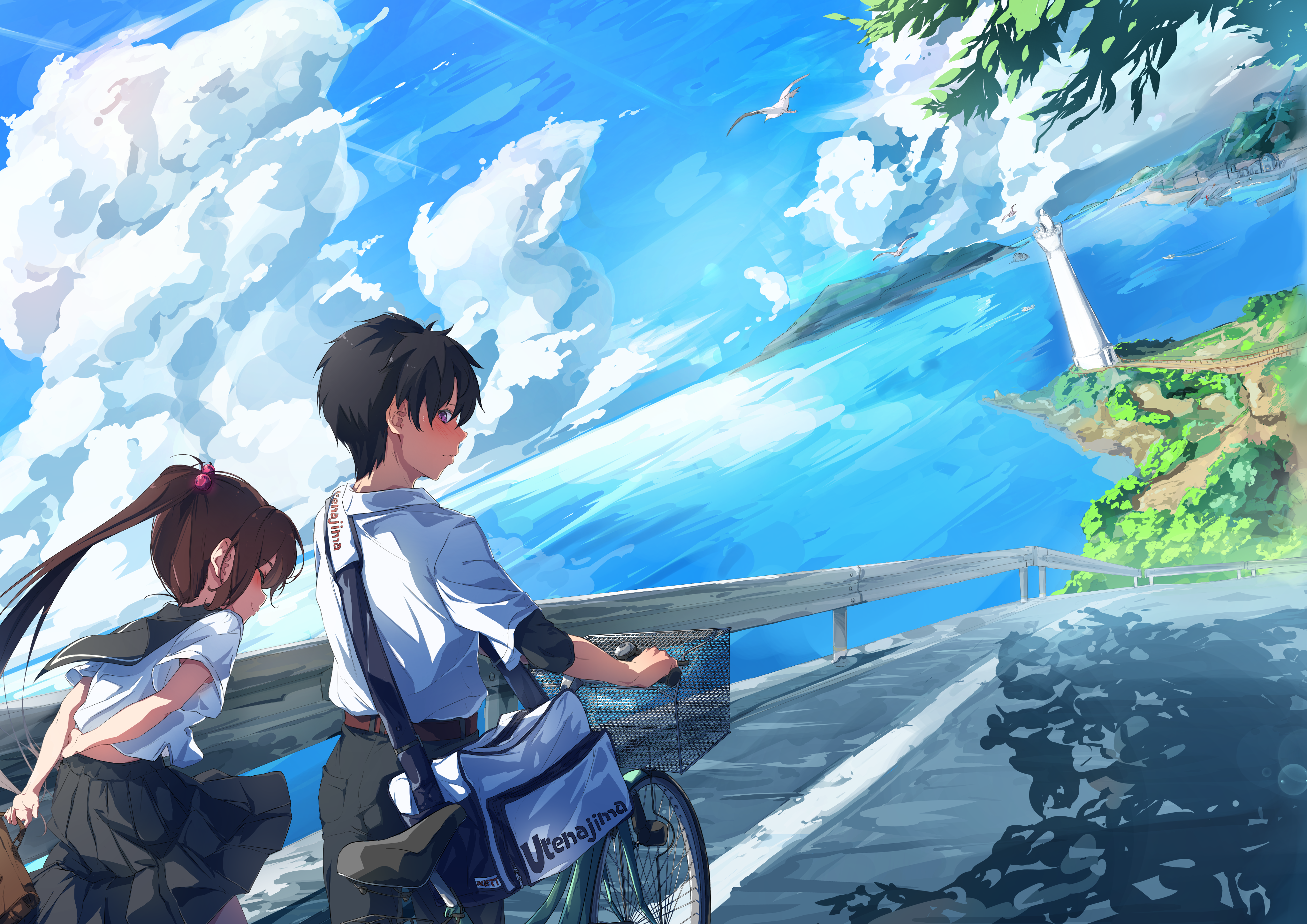 Anime couple on a road with a lighthouse in the background HD Wallpaper