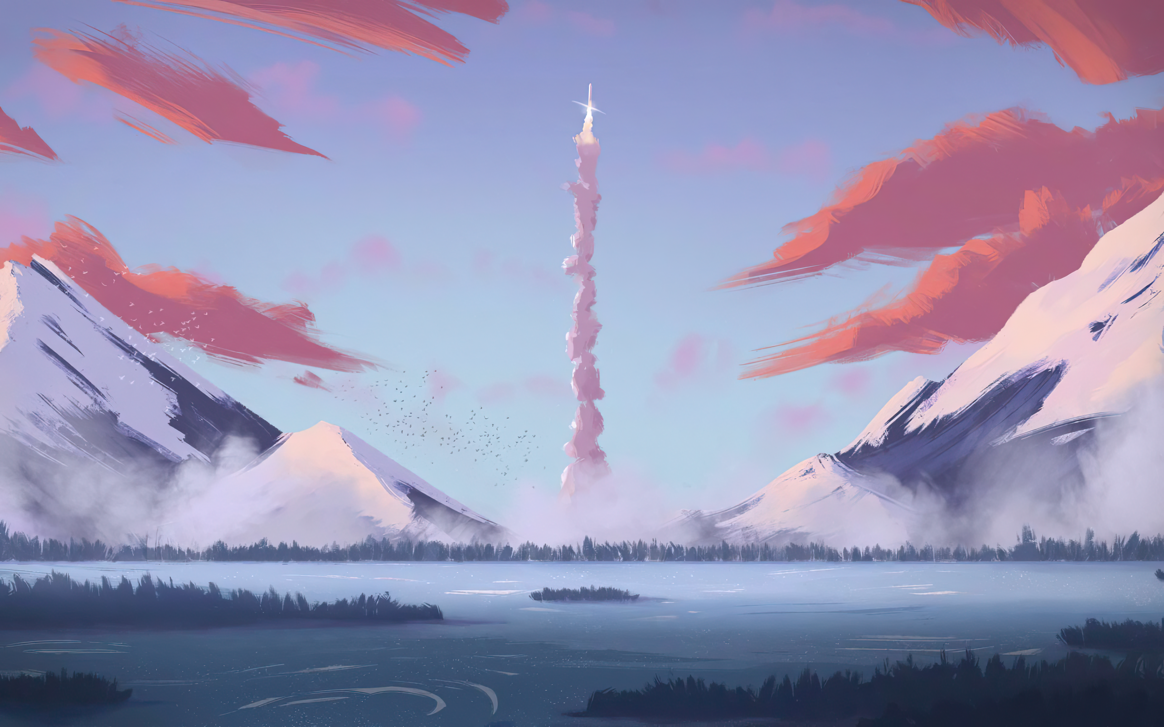 Rocket Launching Over Snowy Mountains and Lake HD Wallpaper