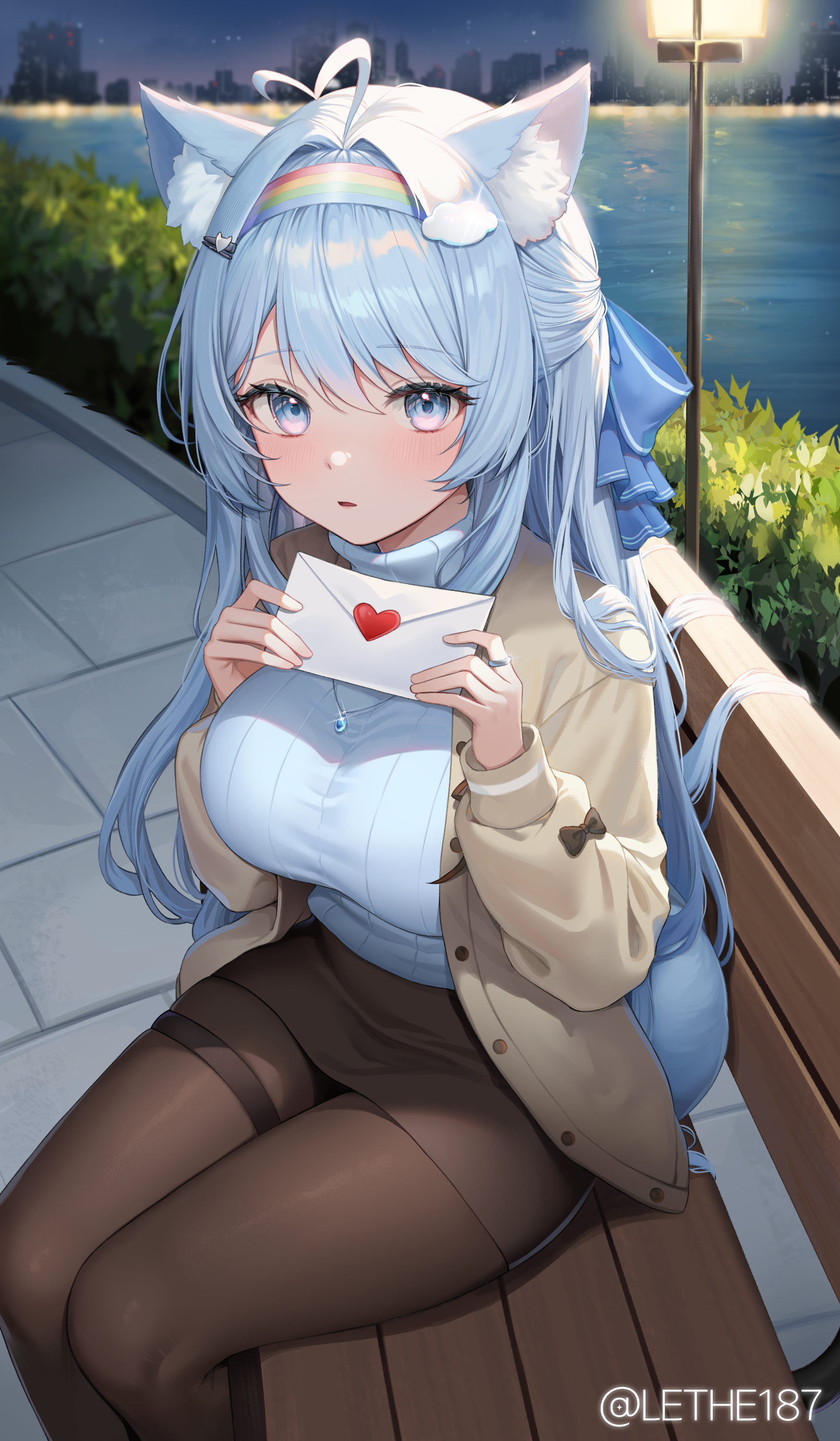 Cat girl with blue hair holding a love letter at night HD Phone Wallpaper