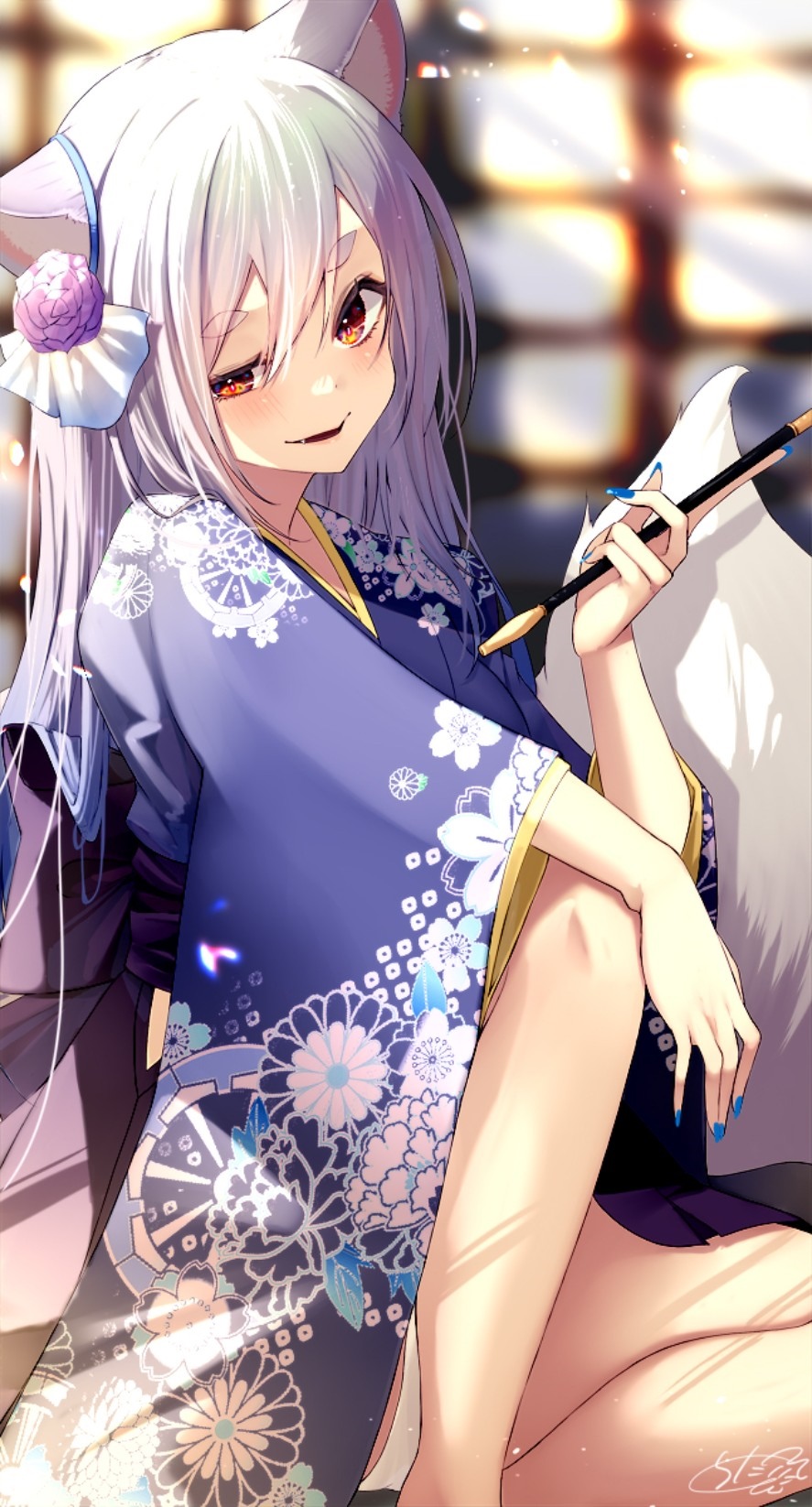 Anime Fox Girl in a Kimono Holding a Smoking Pipe HD Phone Wallpaper