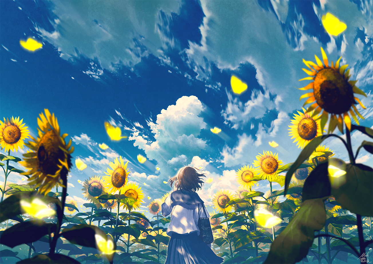 Girl in school uniform in a sunflower field under a cloudy sky HD Wallpaper