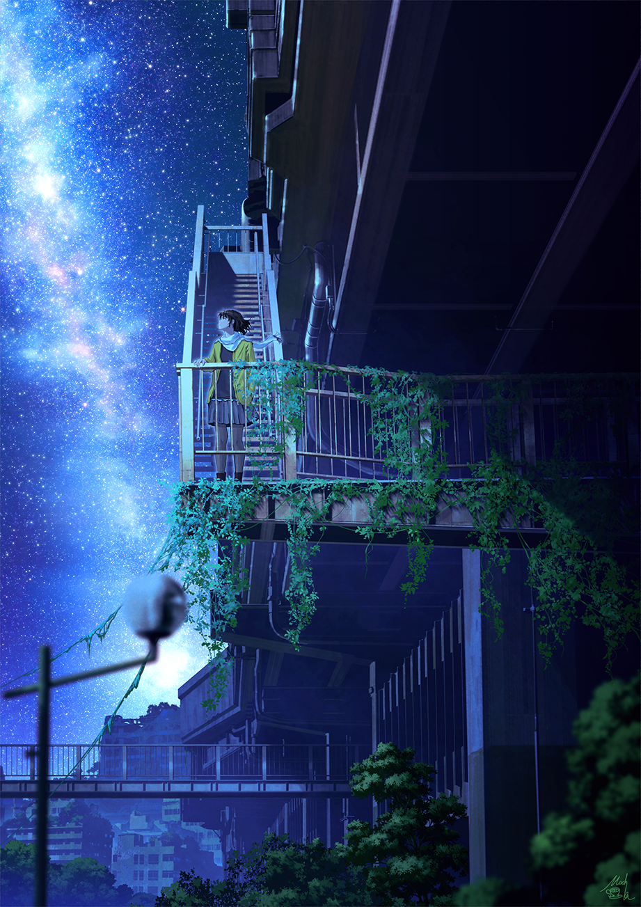 Girl on balcony looking at the starry sky HD Phone Wallpaper