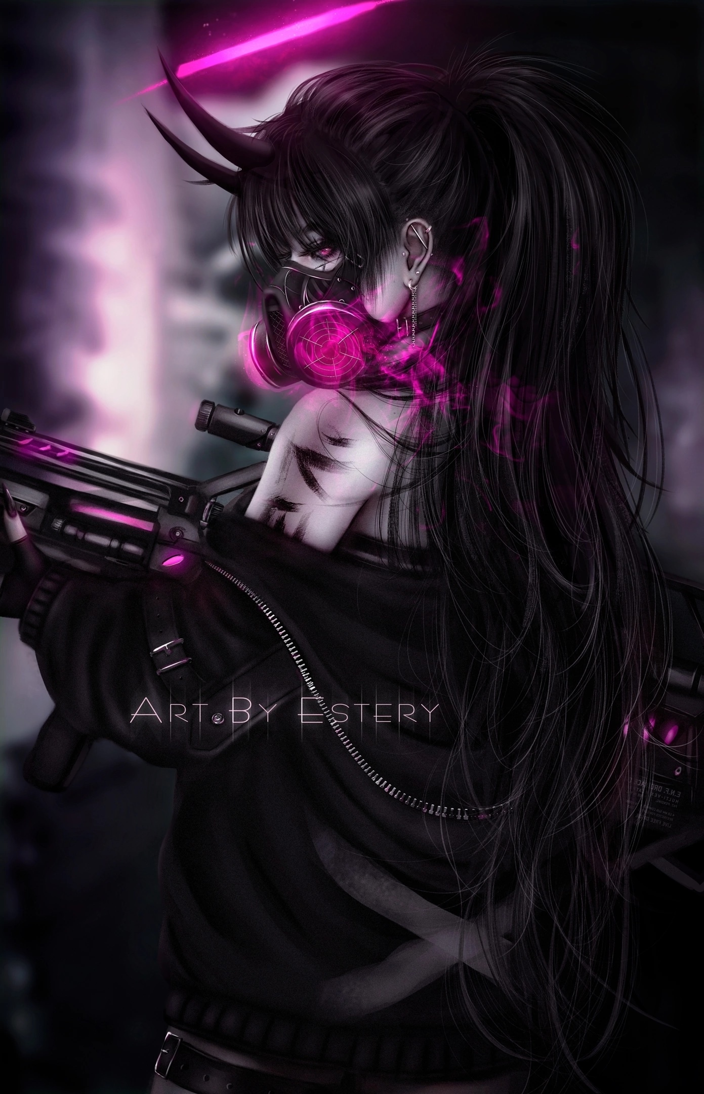 Girl with horns and gas mask holding a gun HD Phone Wallpaper