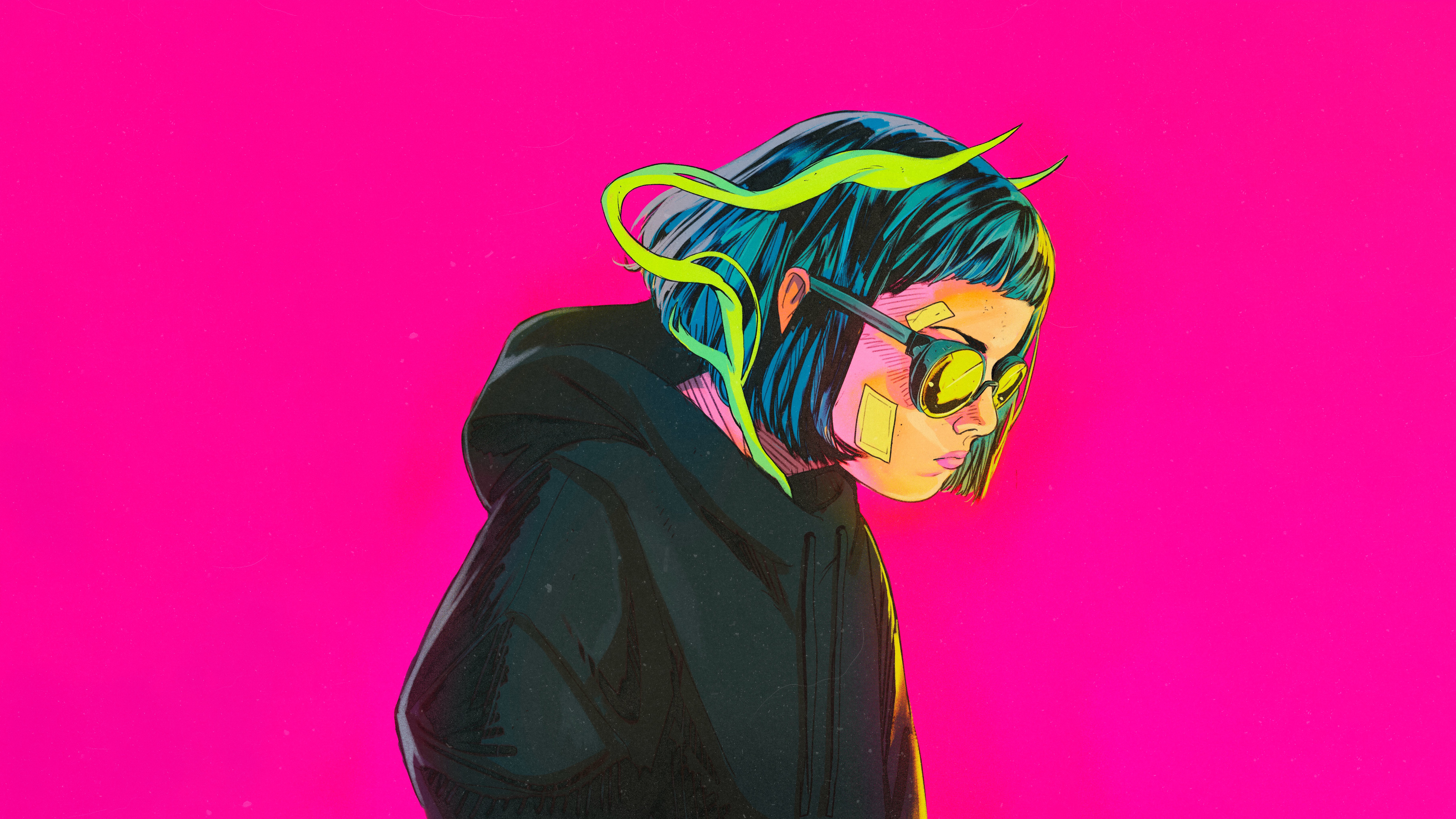 Woman with glasses and blue hair on pink background HD Wallpaper