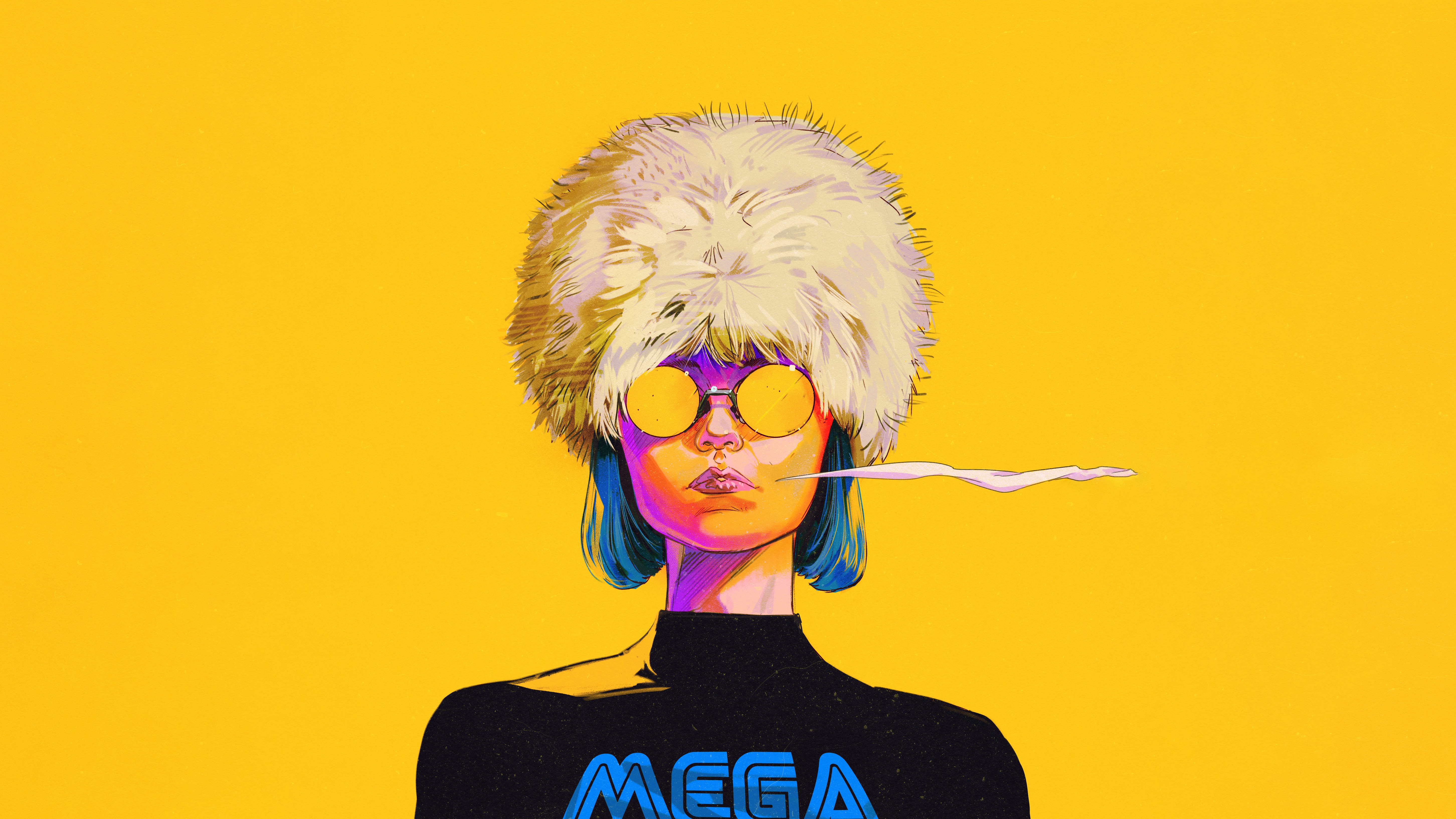 Woman in fur hat and glasses smoking HD Wallpaper