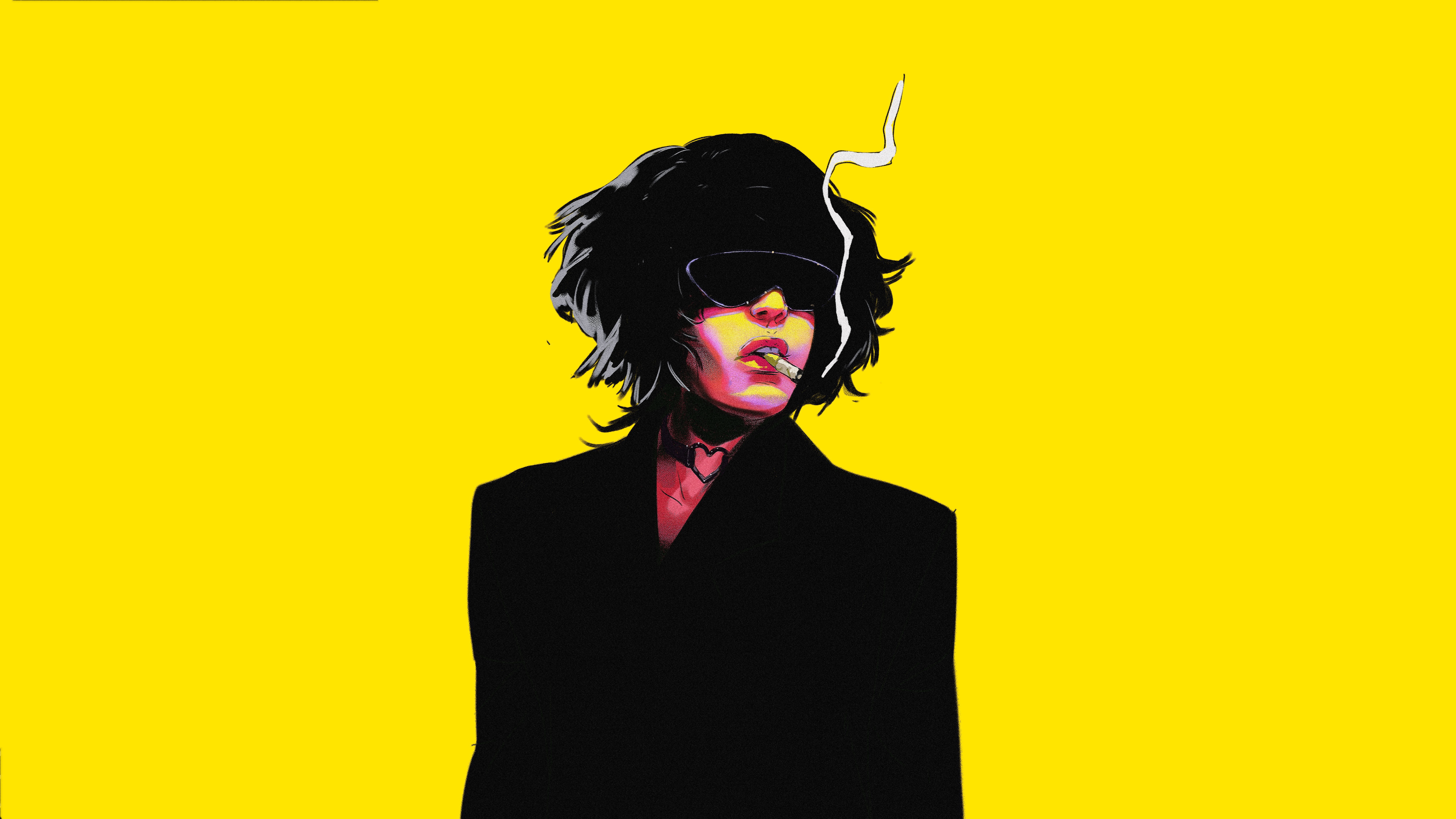 Woman with sunglasses smoking cigarette on yellow background HD Wallpaper