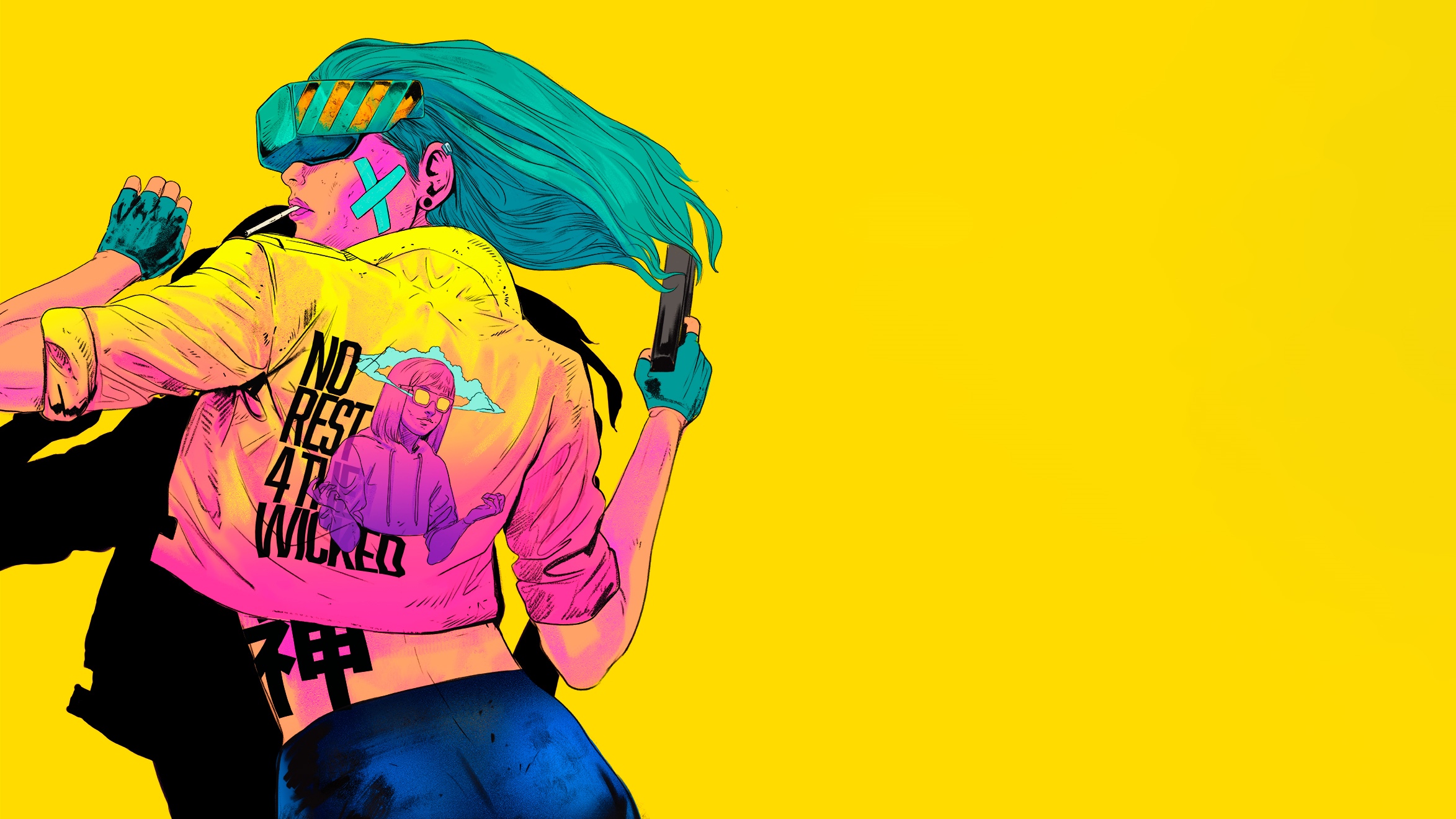 Girl with VR headset and gun on yellow background HD Wallpaper