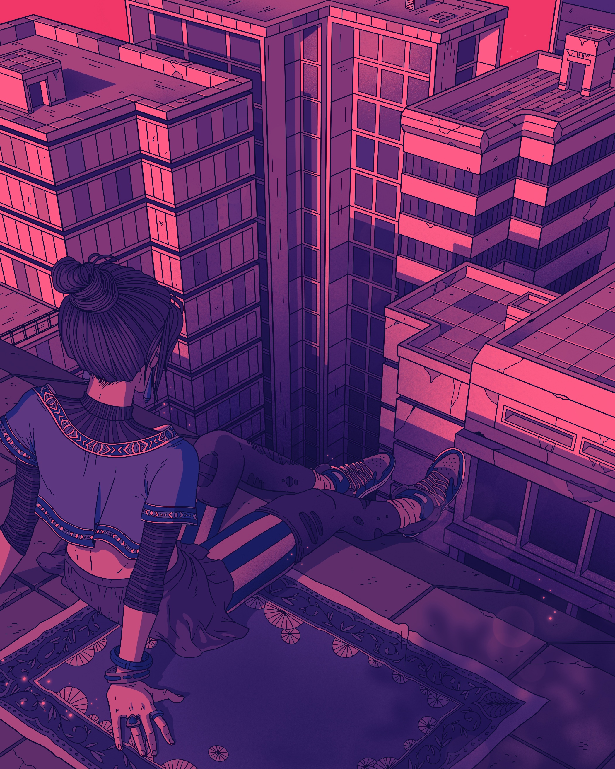 Woman sitting on a rooftop overlooking city buildings HD Phone Wallpaper