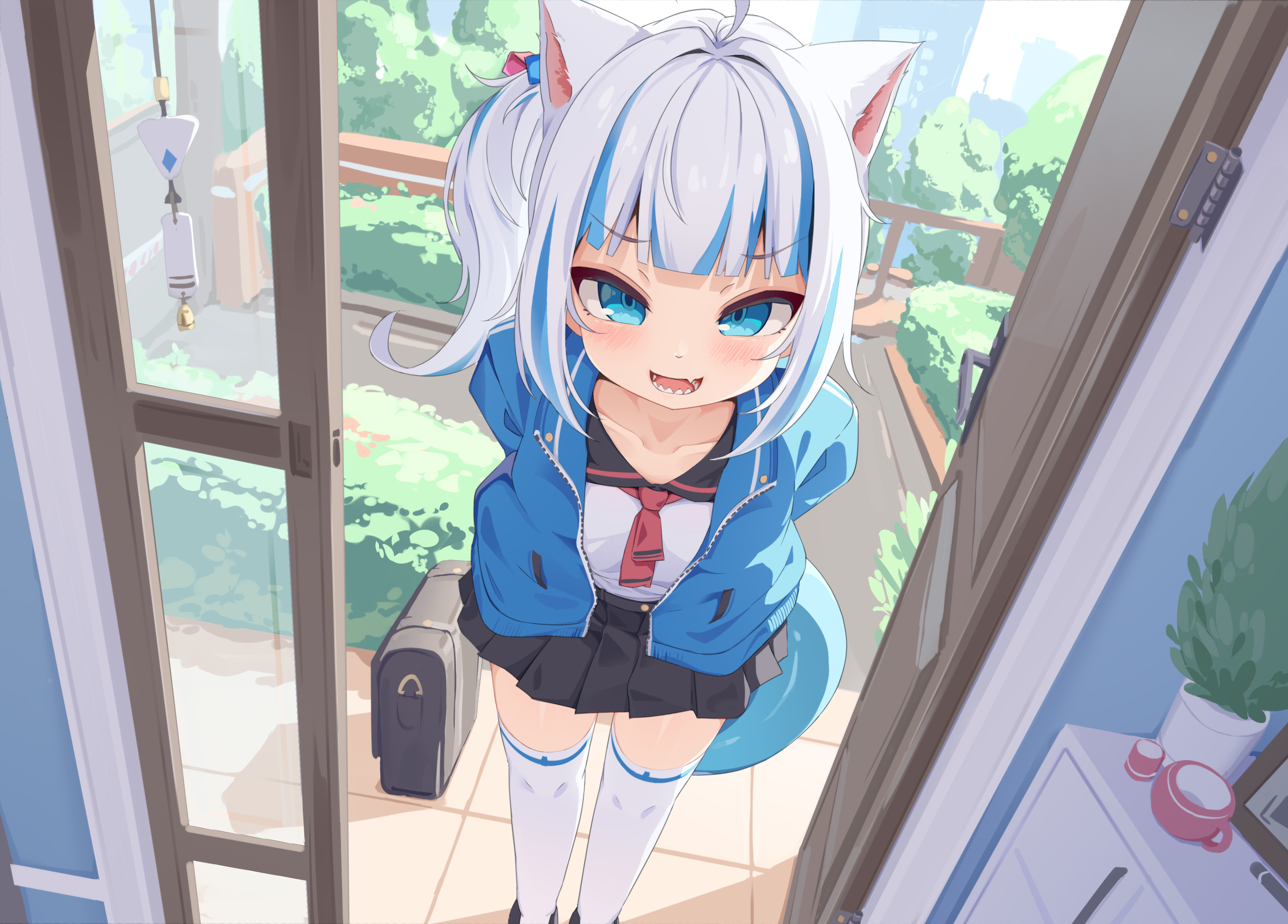 Gawr Gura wearing a sailor uniform and cat ears HD Wallpaper