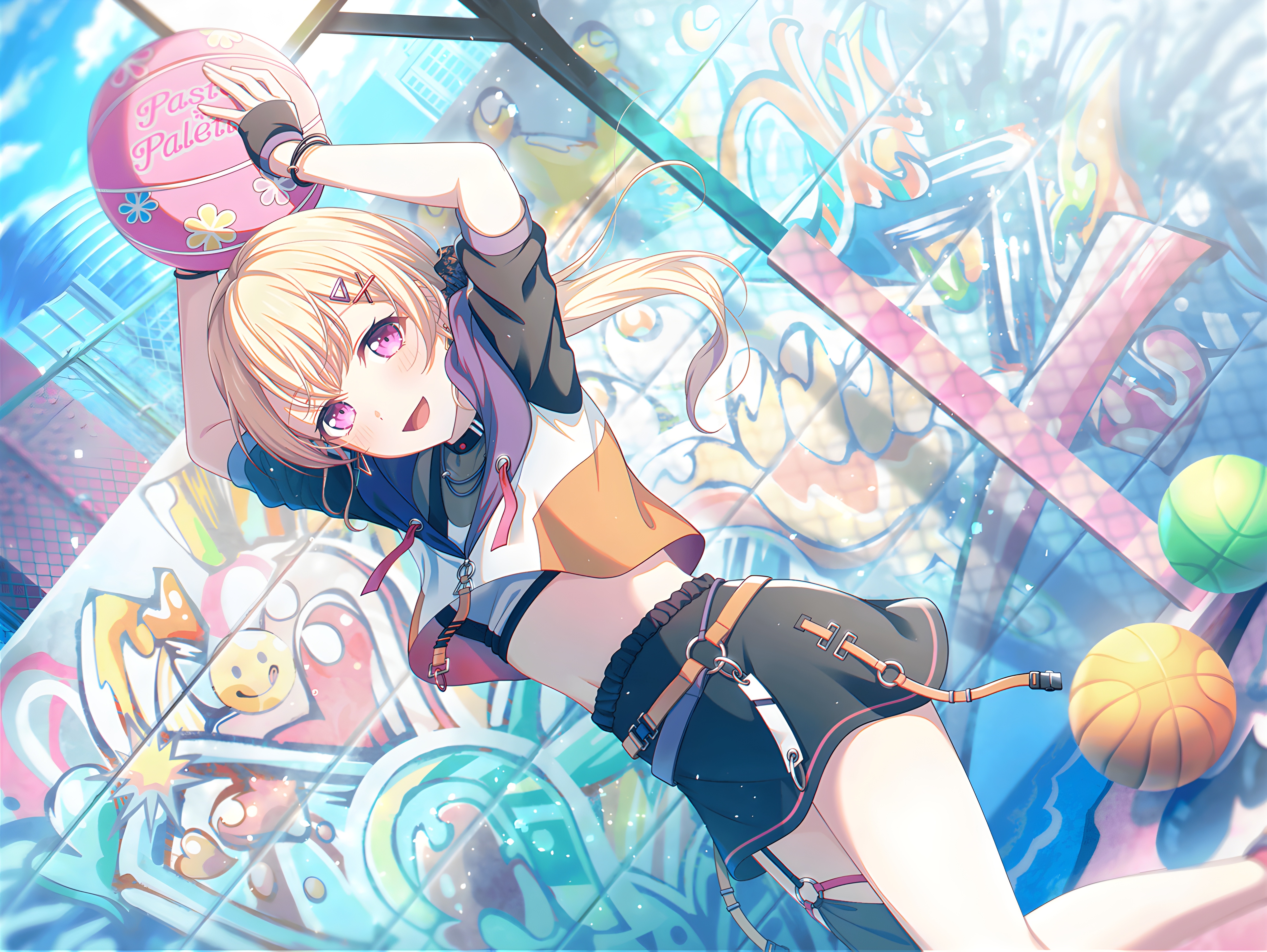 Shirasagi Chisato holding a basketball with graffiti background HD Wallpaper