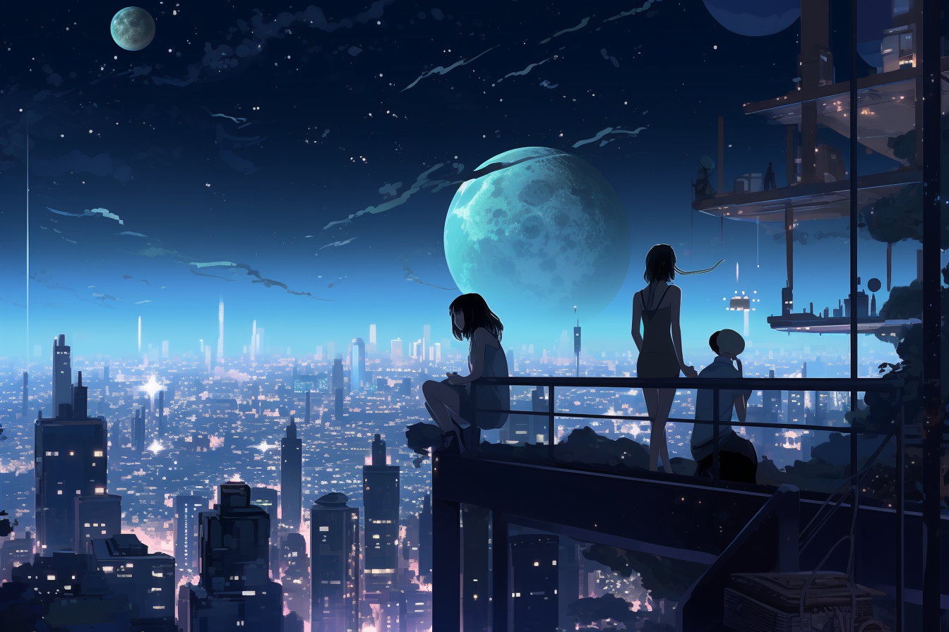 People on a balcony overlooking a futuristic city at night with two moons HD Wallpaper