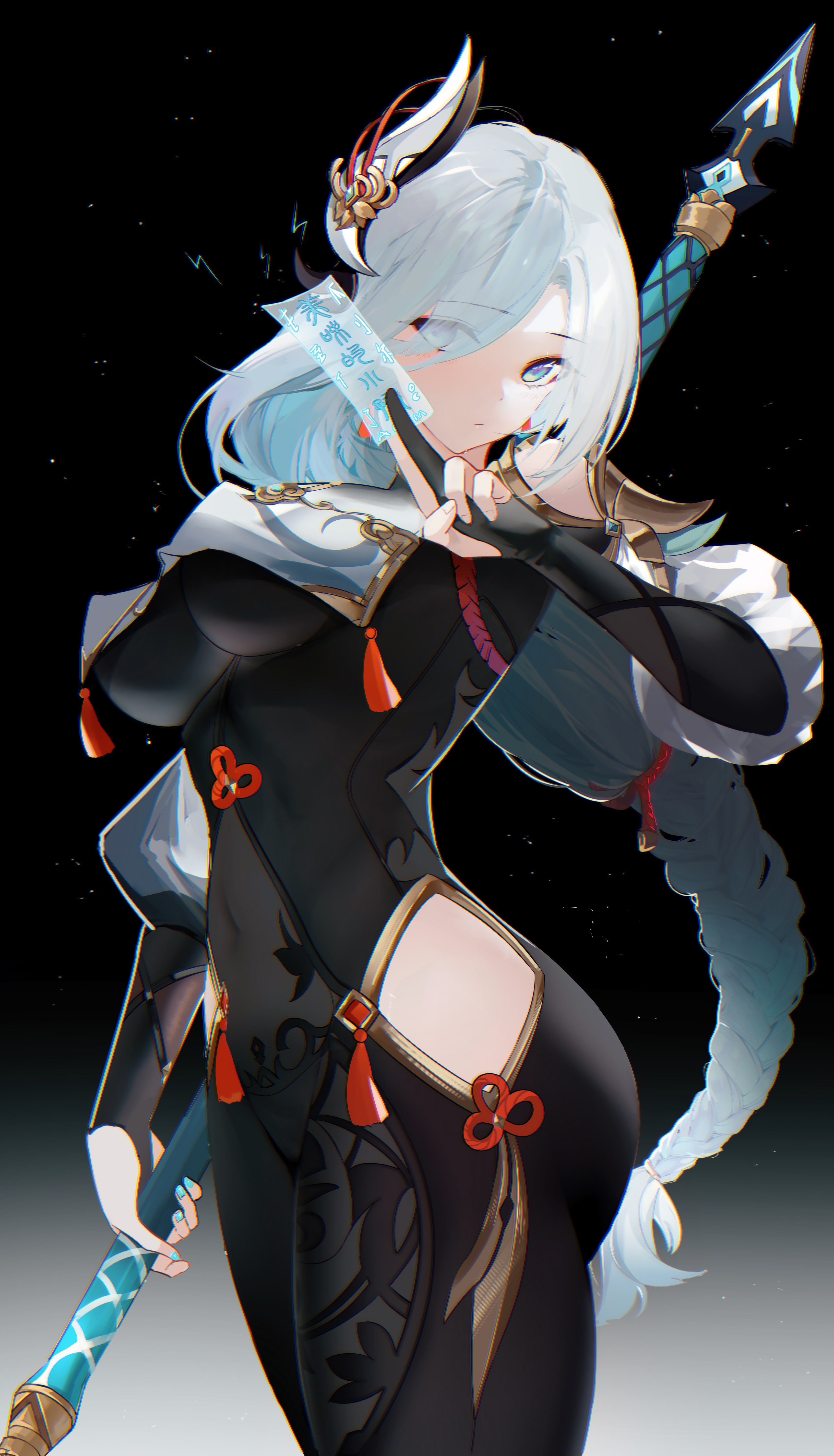 Shenhe from Genshin Impact holding a talisman HD Phone Wallpaper