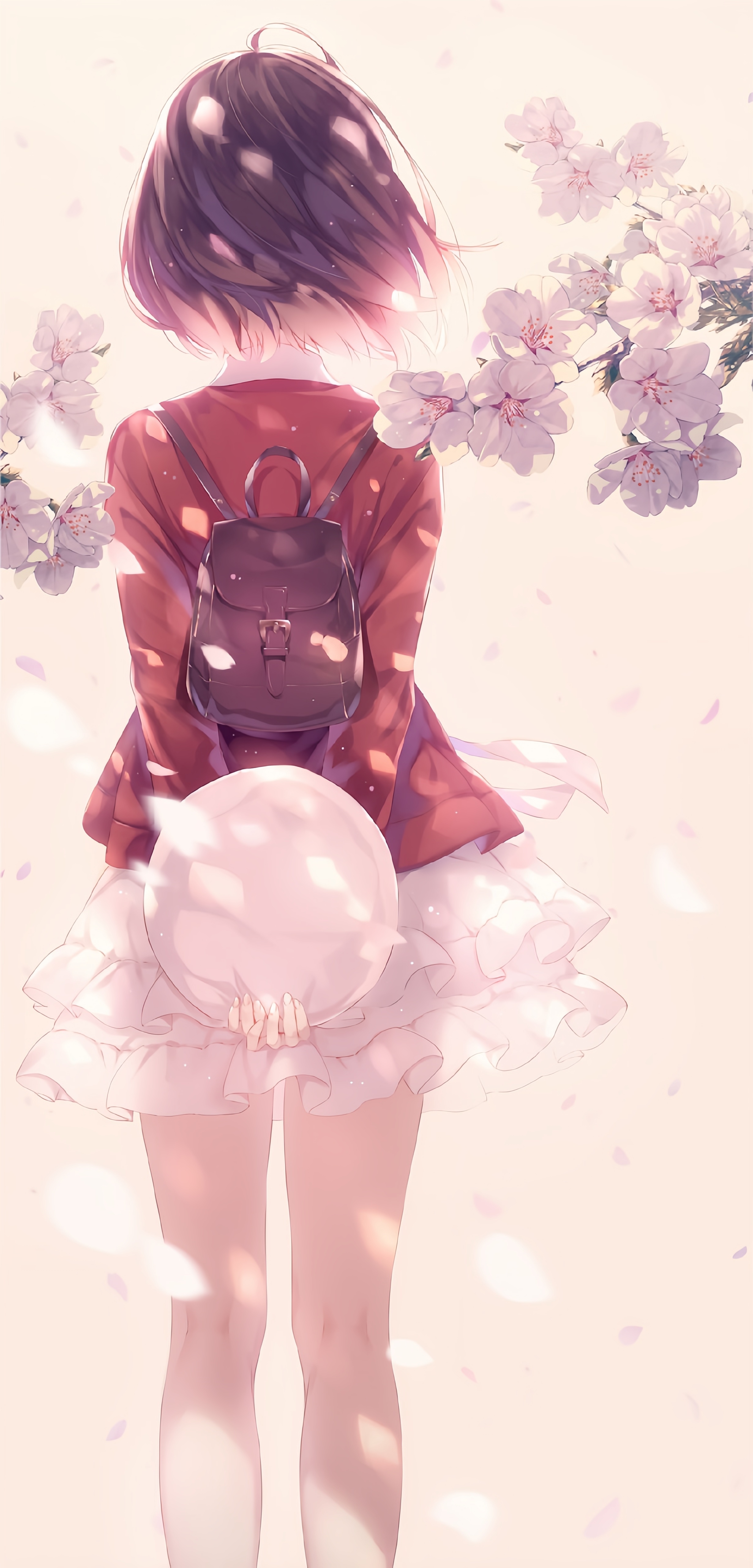 Girl with backpack and cherry blossoms HD Phone Wallpaper