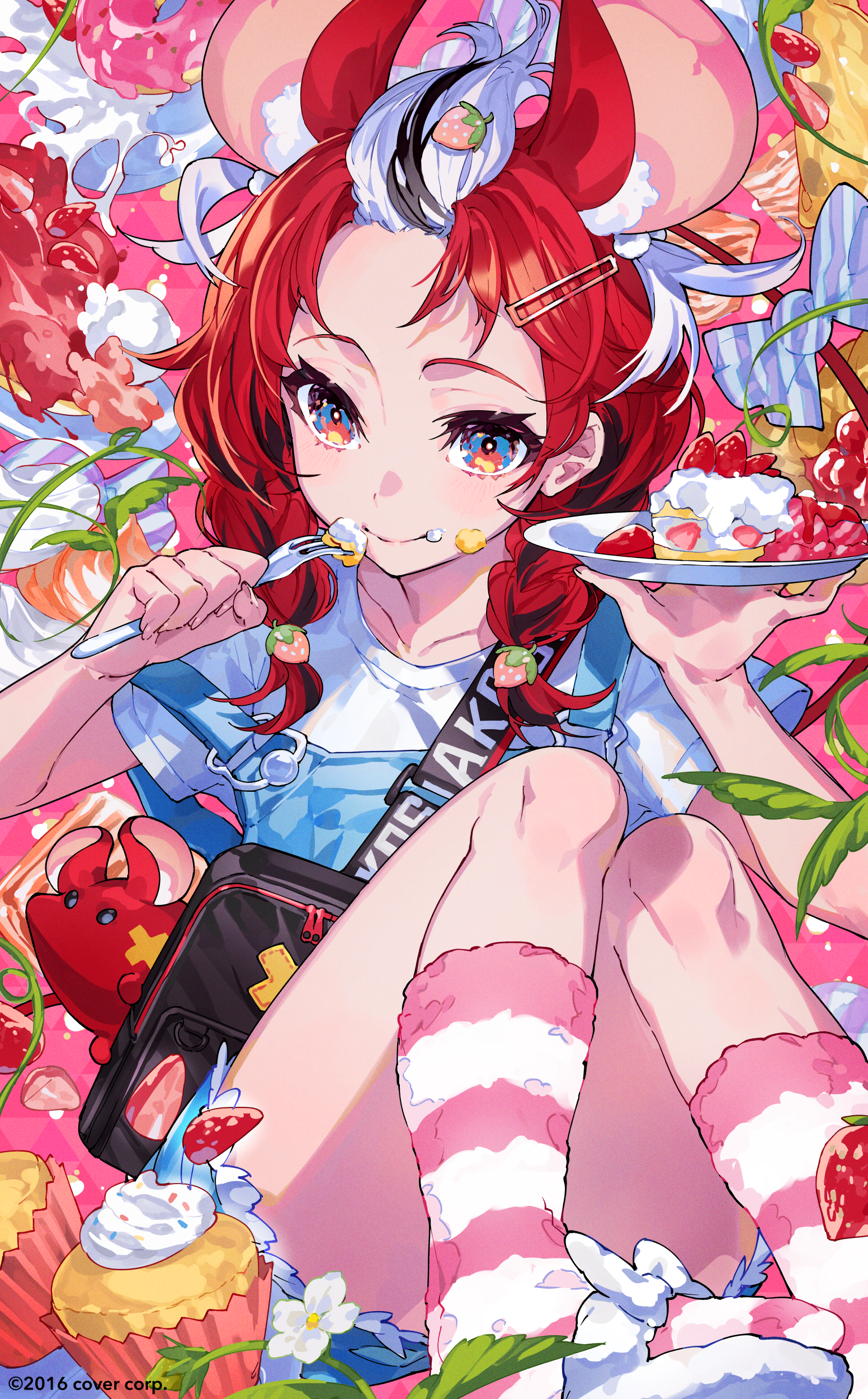 Hakos Baelz eating sweets surrounded by cupcakes and strawberries HD Phone Wallpaper