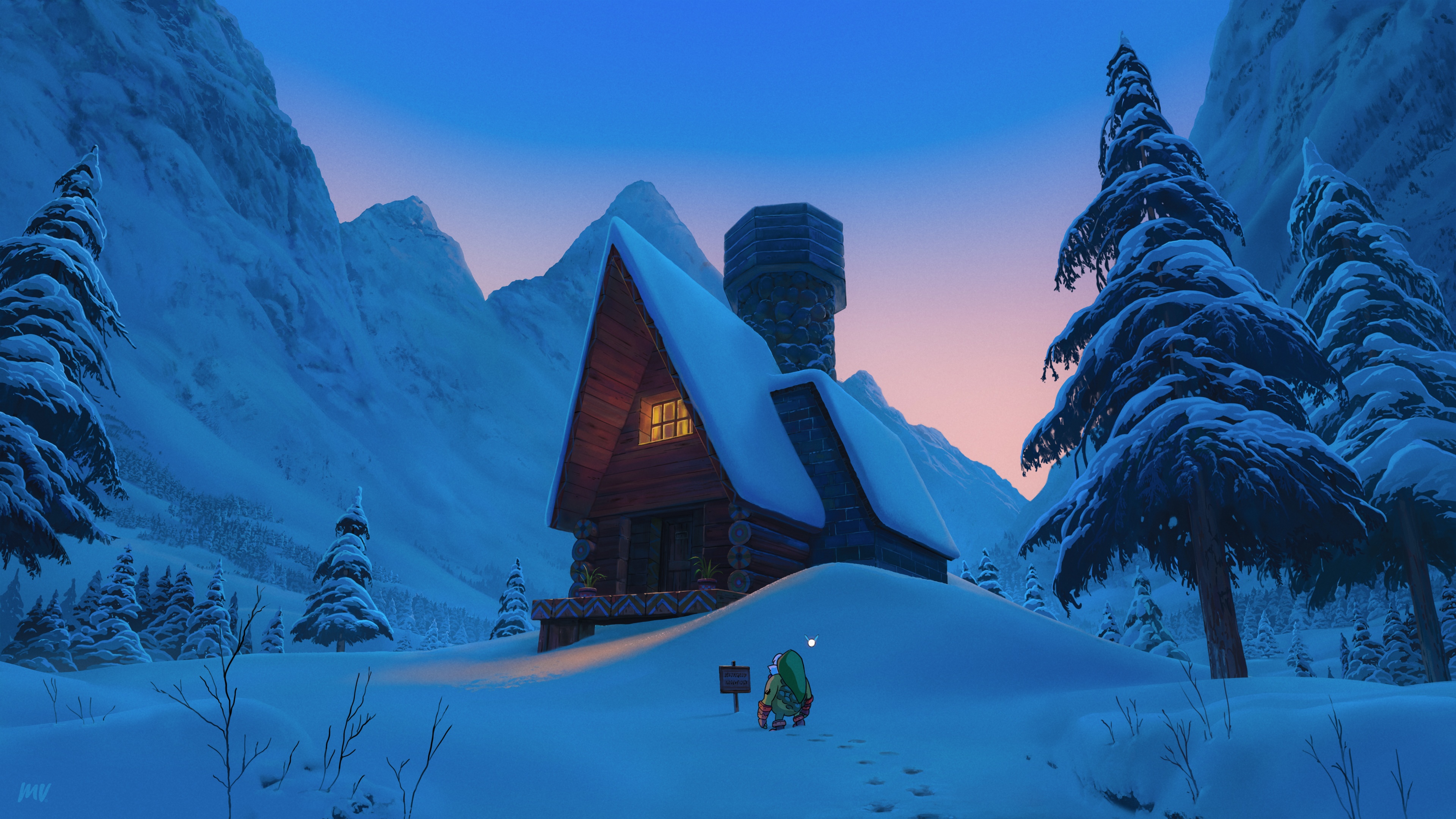 4K Winter Cabin Landscape with Link HD Wallpaper