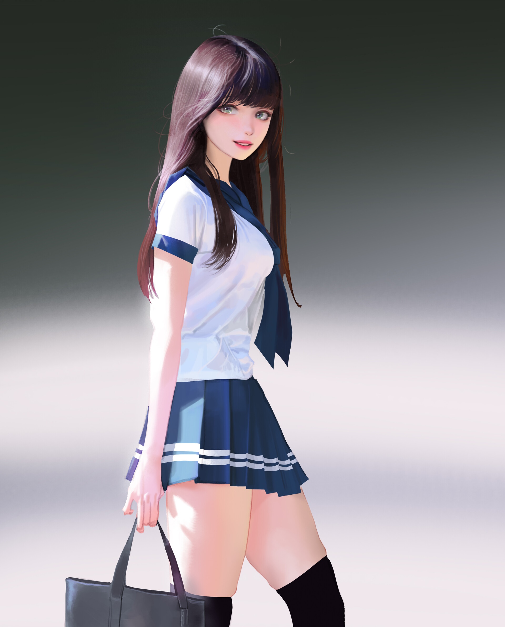 Schoolgirl with dark hair holding a bag HD Phone Wallpaper