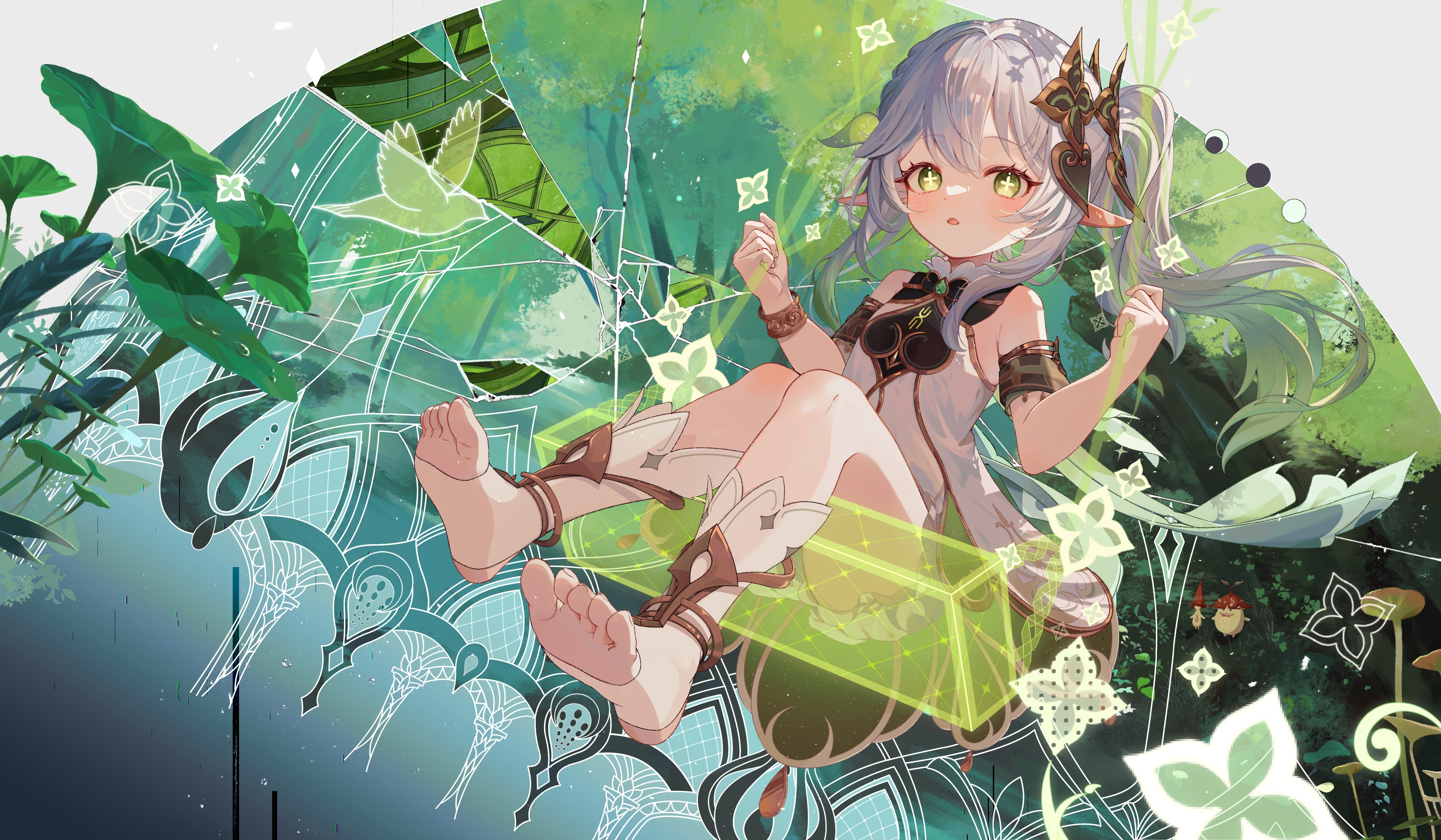 4K Genshin Impact Nahida with leaves and geometric patterns HD Wallpaper