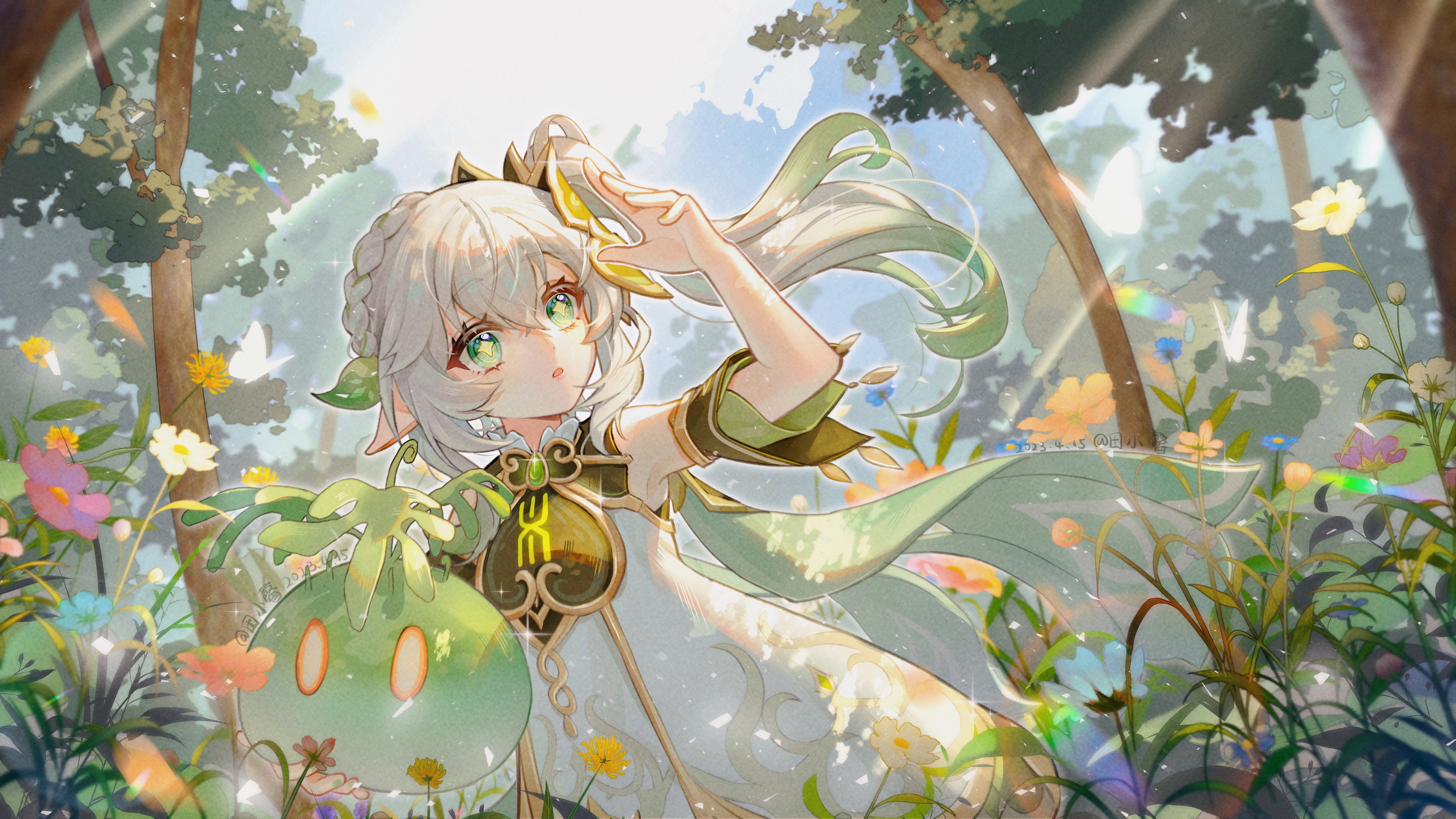Nahida and a creature in a forest HD Wallpaper