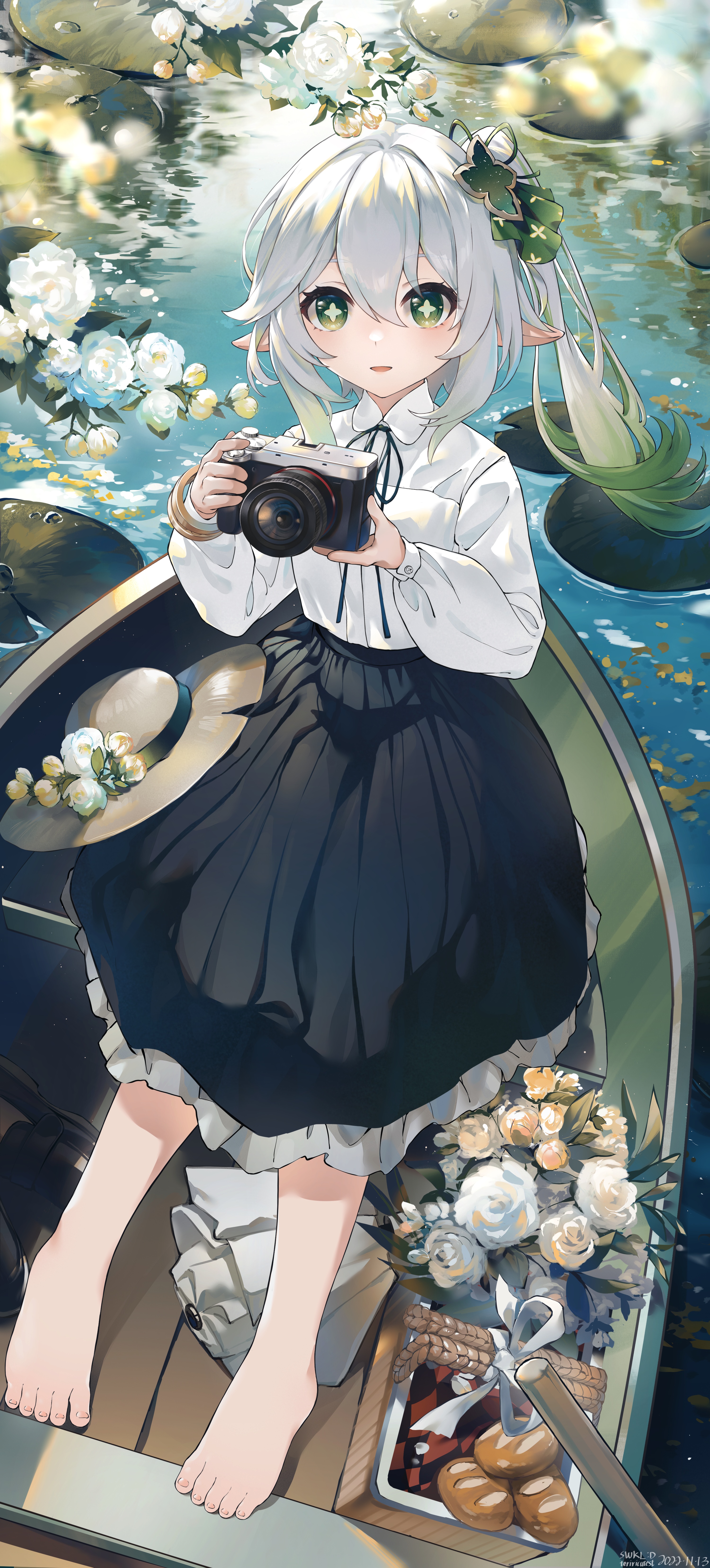 Nahida in a boat with flowers and bread HD Phone Wallpaper