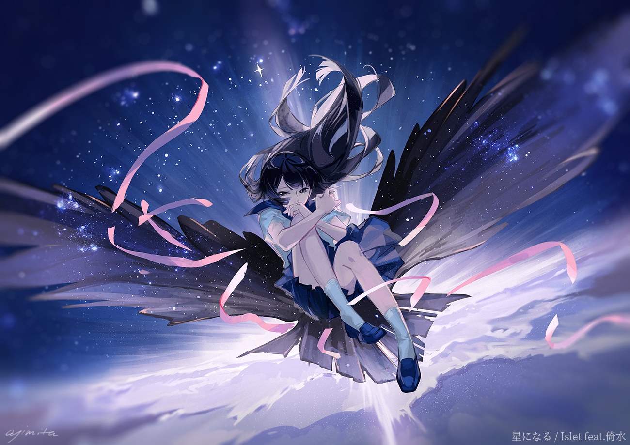 Schoolgirl with wings in starry sky HD Wallpaper