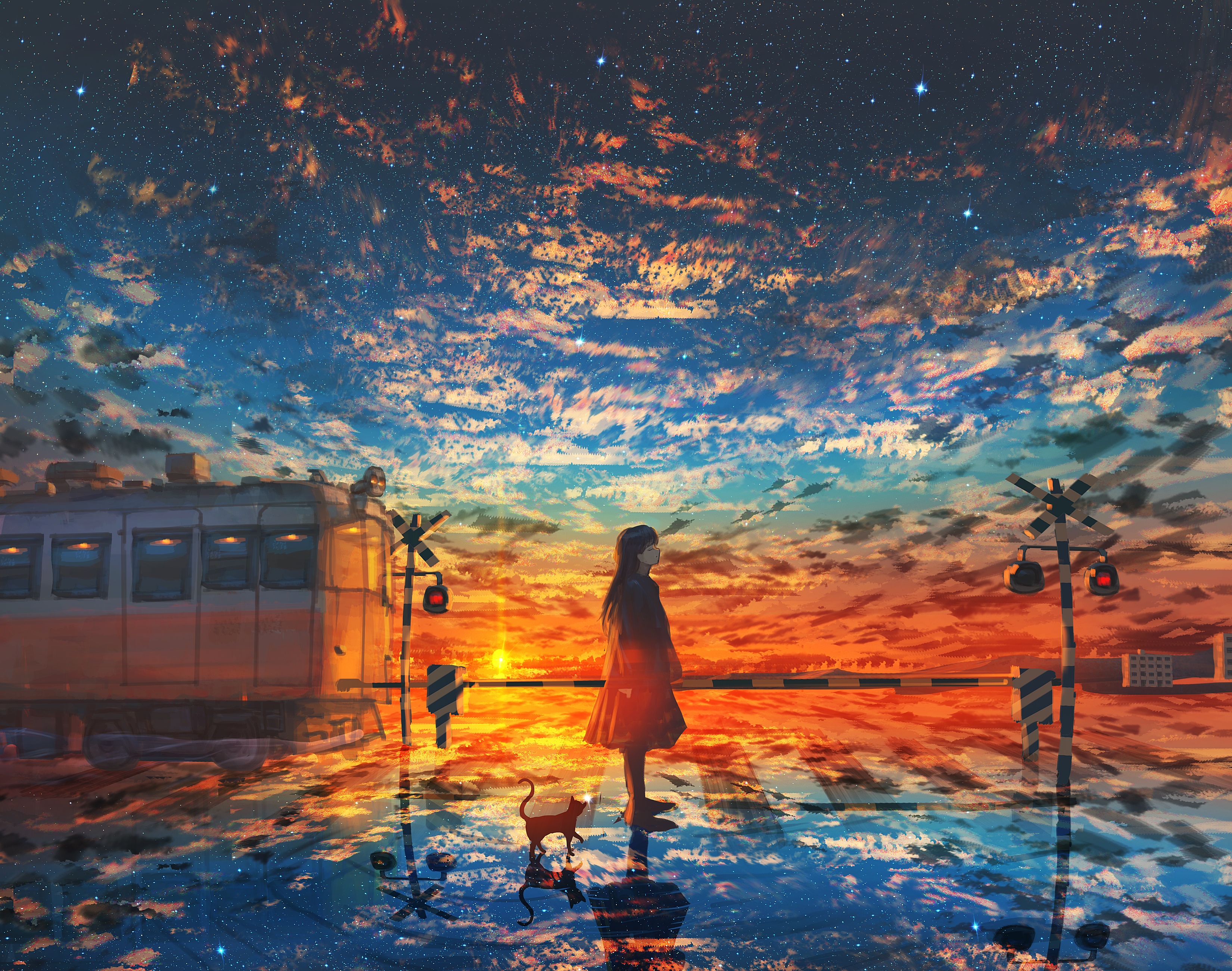 Girl and cat at a train crossing during sunset HD Wallpaper