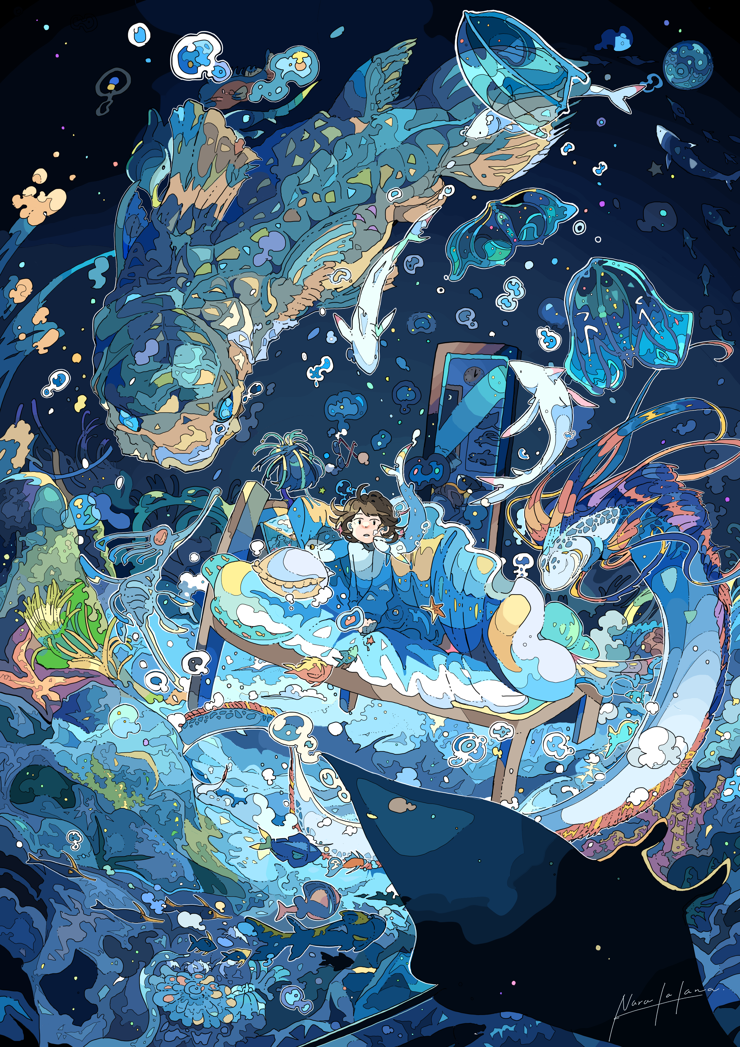 Girl in Bed Surrounded by Mythical Sea Creatures HD Phone Wallpaper