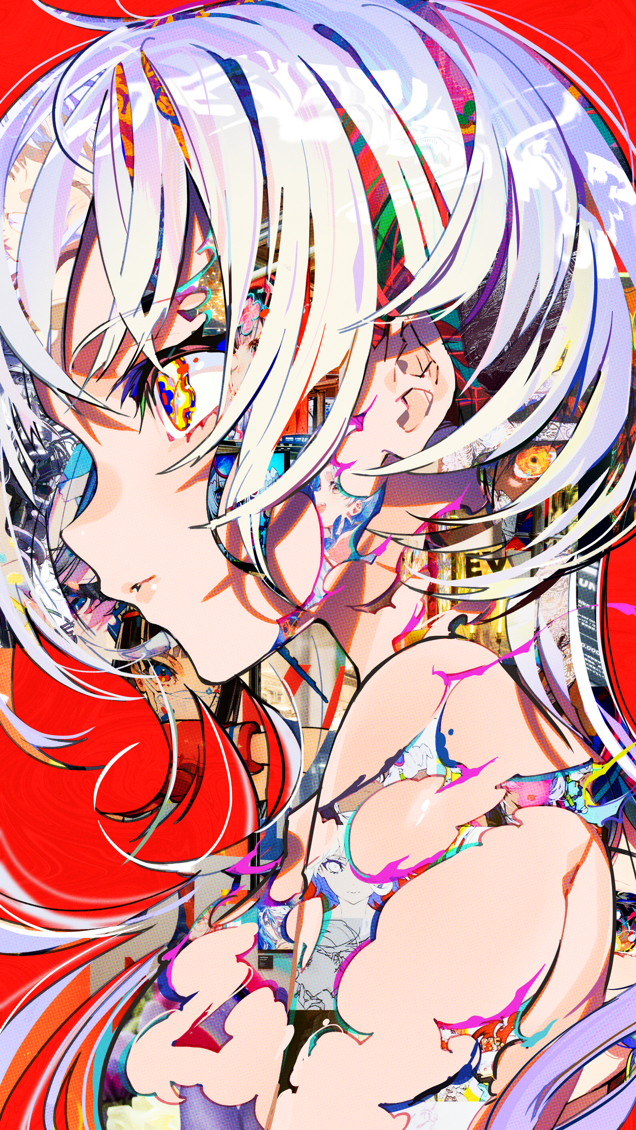Anime girl with colorful collage elements HD Phone Wallpaper