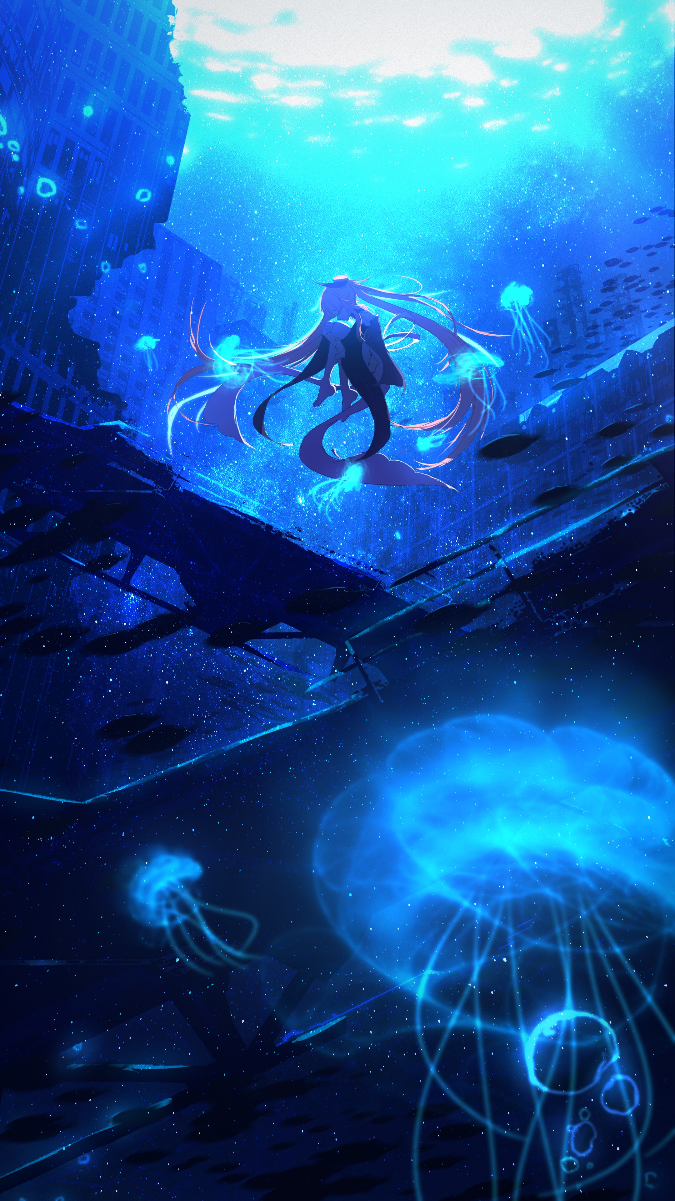 Sangonomiya Kokomi underwater with jellyfish and ruins HD Phone Wallpaper