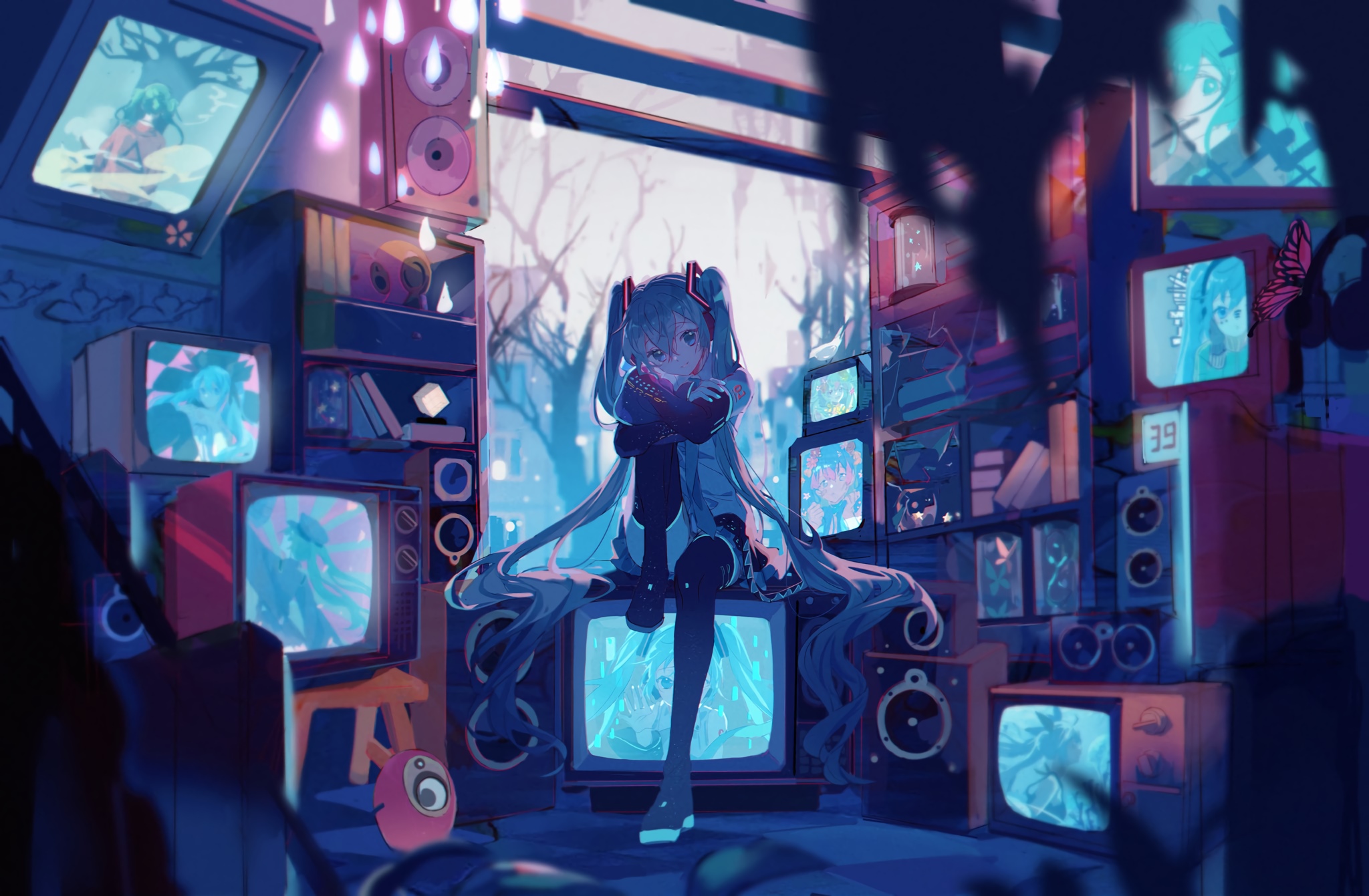 Hatsune Miku surrounded by vintage TVs and speakers HD Wallpaper