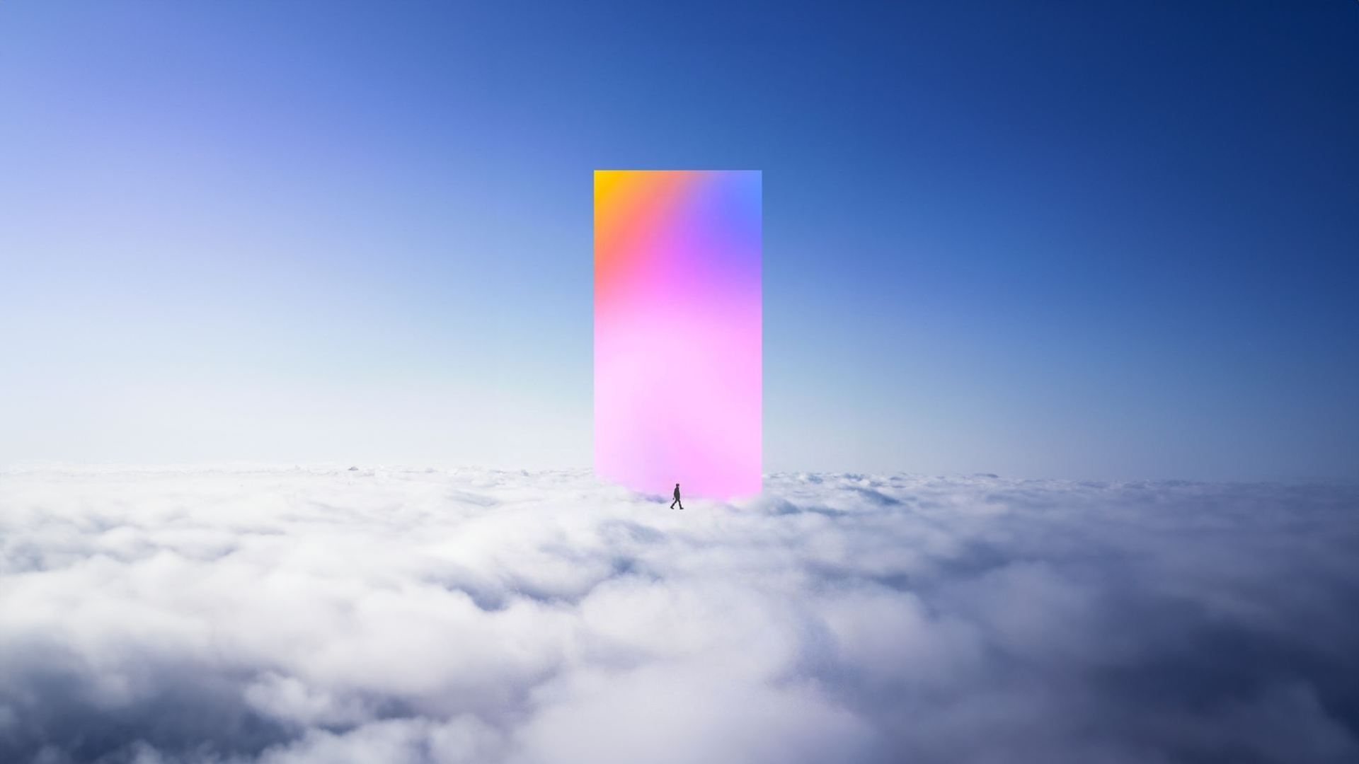 Person walking on clouds with a colorful portal HD Wallpaper