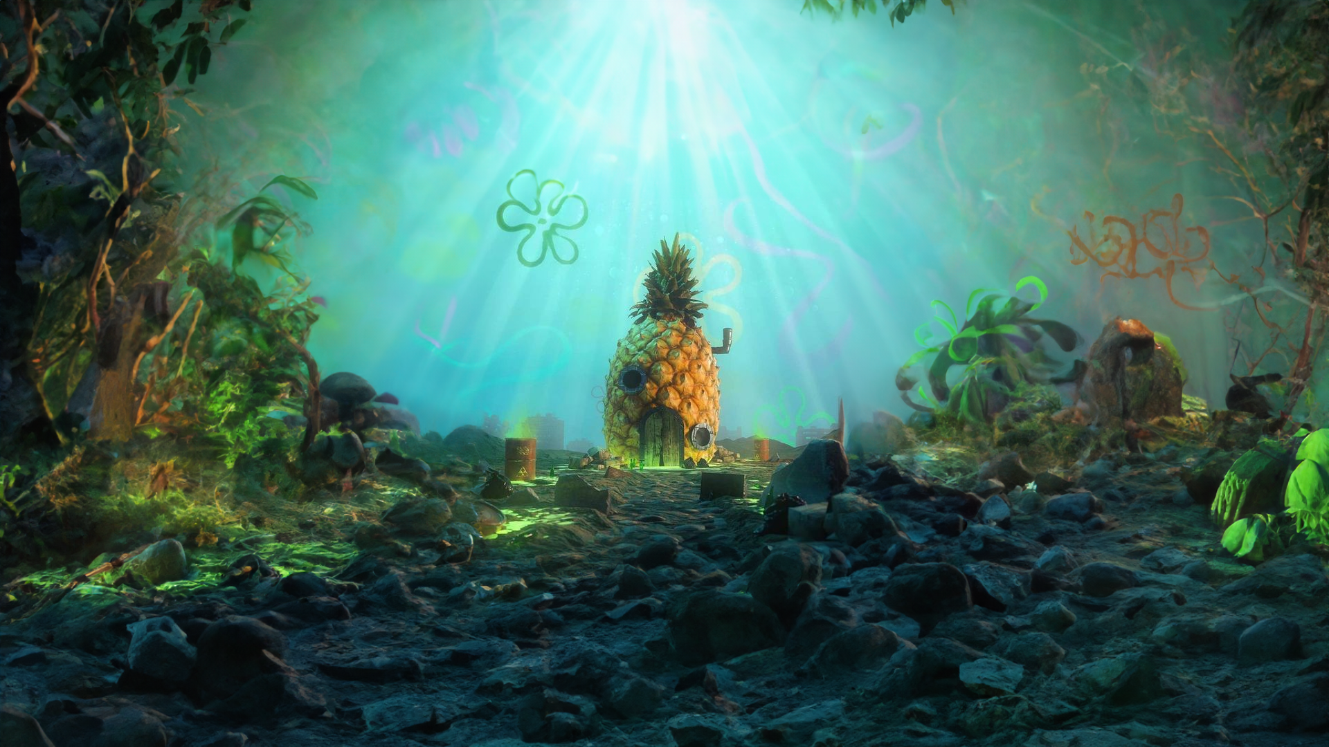 Spongebob's pineapple house underwater HD Wallpaper