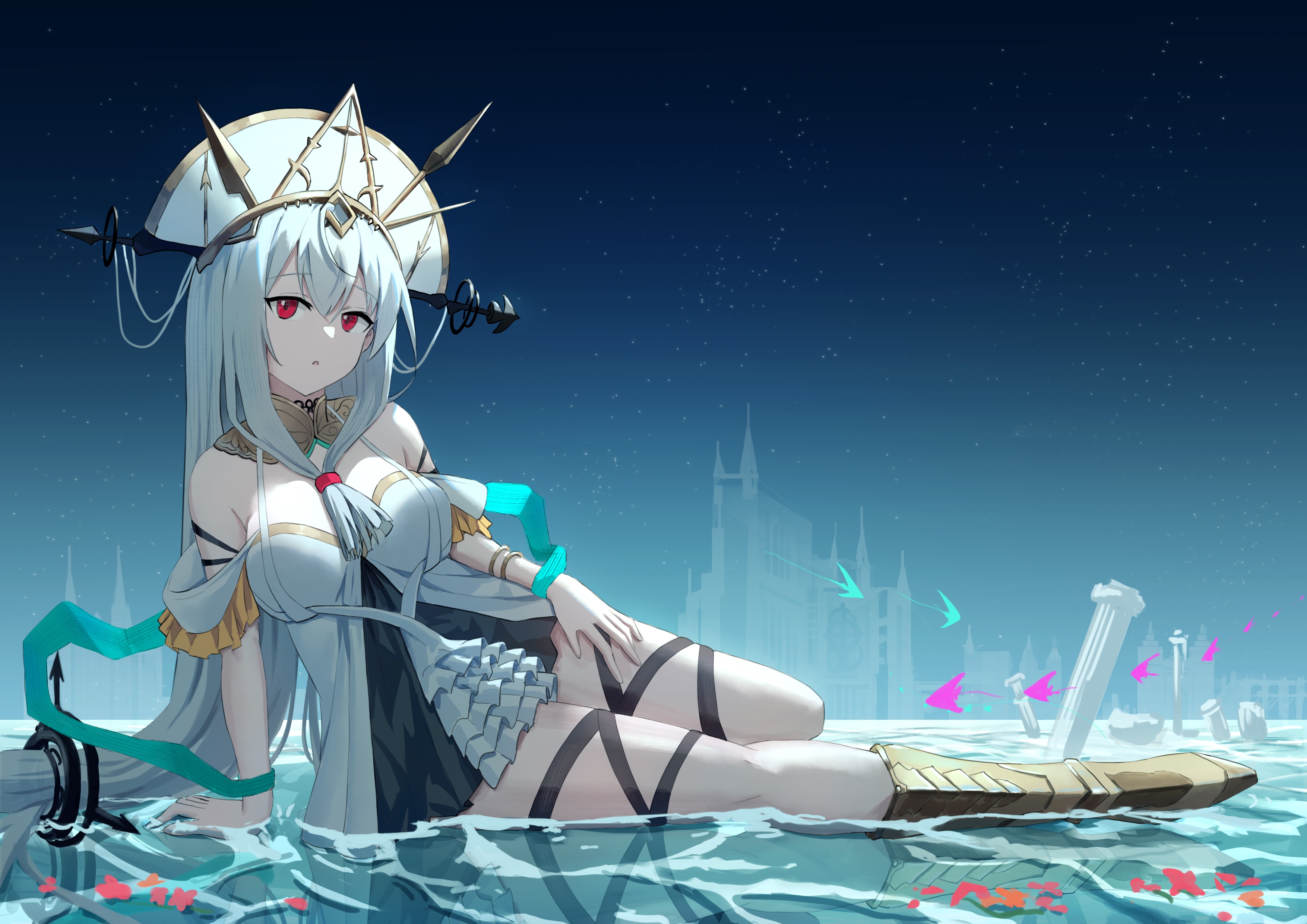 Skadi from Arknights sitting in water under stars HD Wallpaper