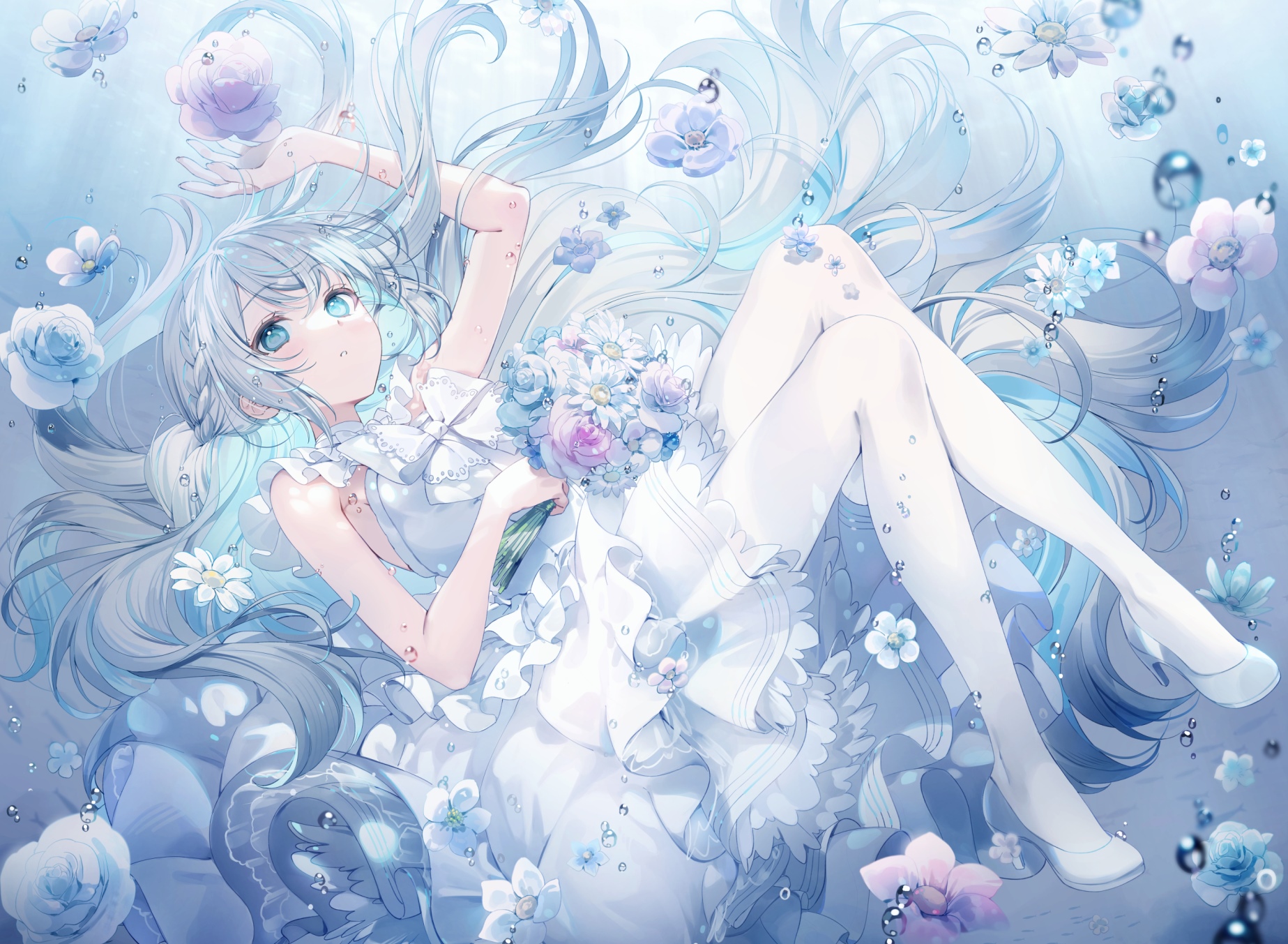 Anime girl with blue hair and flowers in water HD Wallpaper